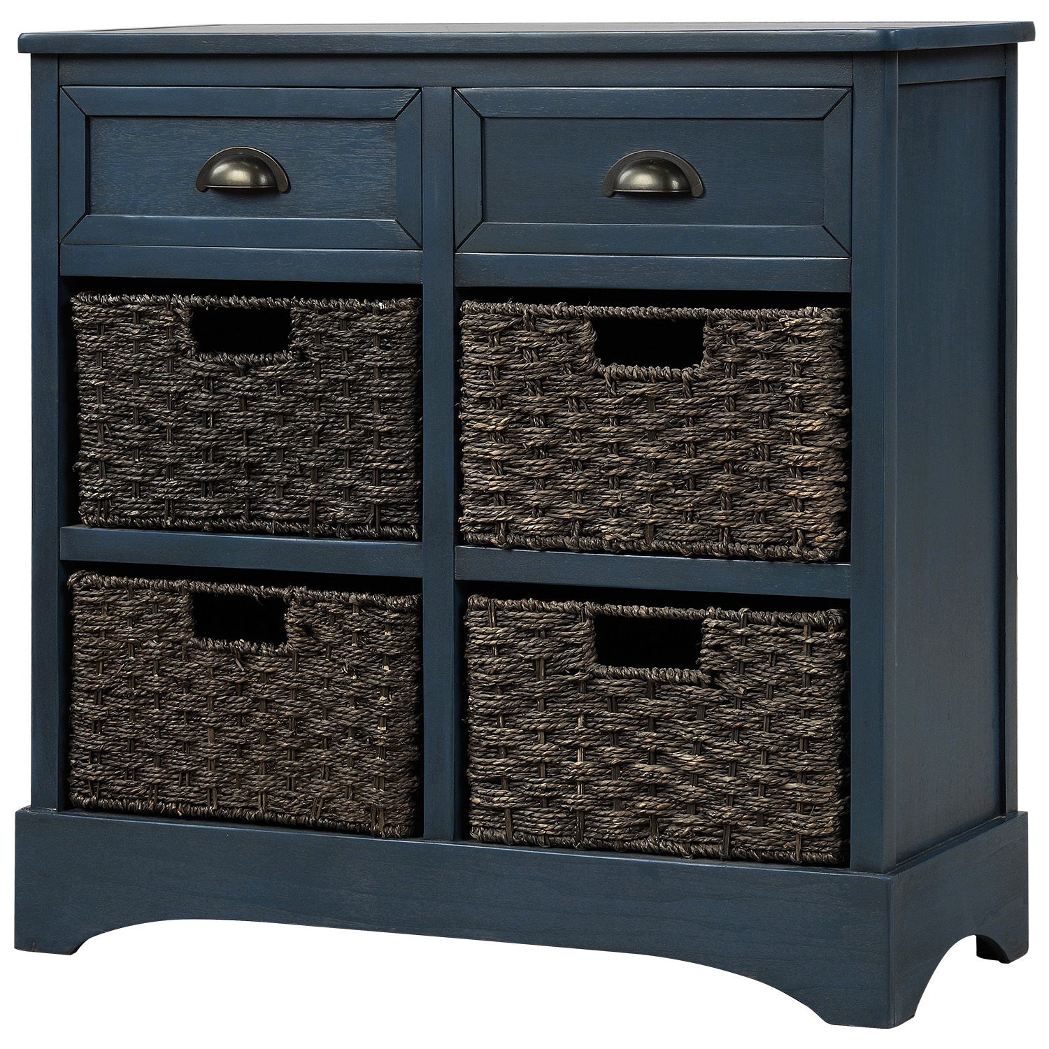 HAOYYE Rustic Storage Cabinet with Two Drawers and Four Classic Rattan Baskets for Dining Room, Entryway, or Living Room, Antique Navy, Sturdy Space-Saving Design, Heavy Duty Construction, Easy Assembly, Durable and Stylish Home Furniture