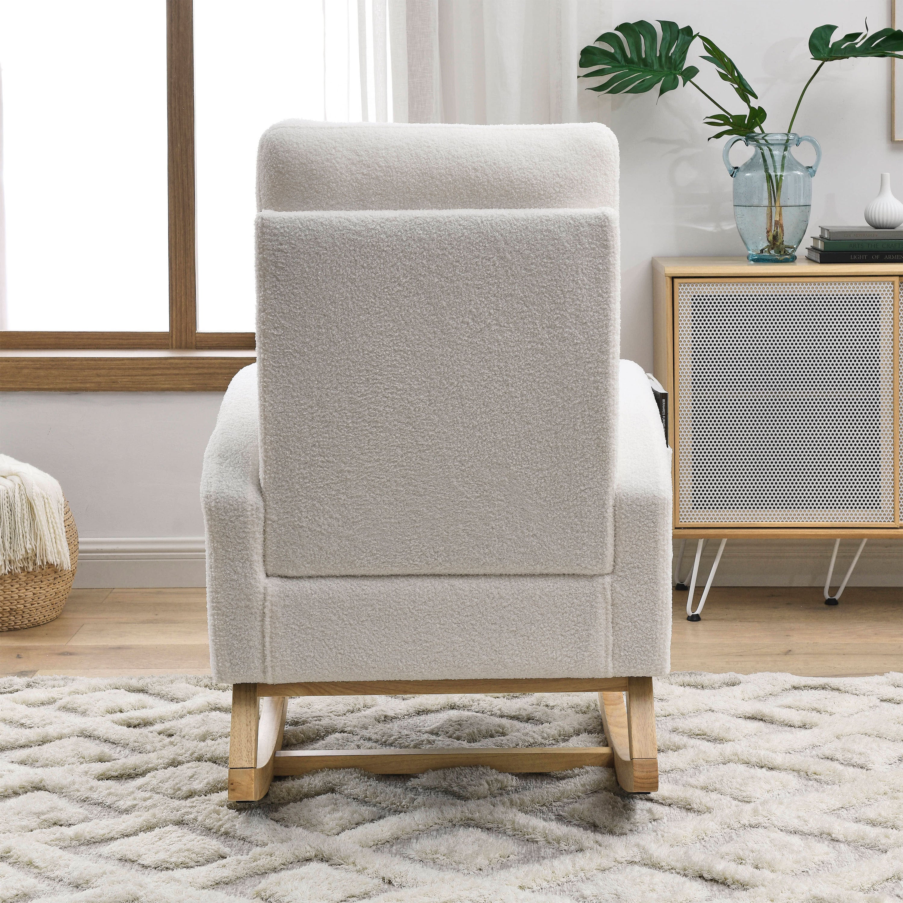 HAOYYE 27.6"W Modern Accent High Backrest Living Room Lounge Arm Rocking Chair, Two Side Pocket ,Teddy White (Ivory) Sturdy Space-Saving Heavy Duty Modern Design Adults Dorm Room