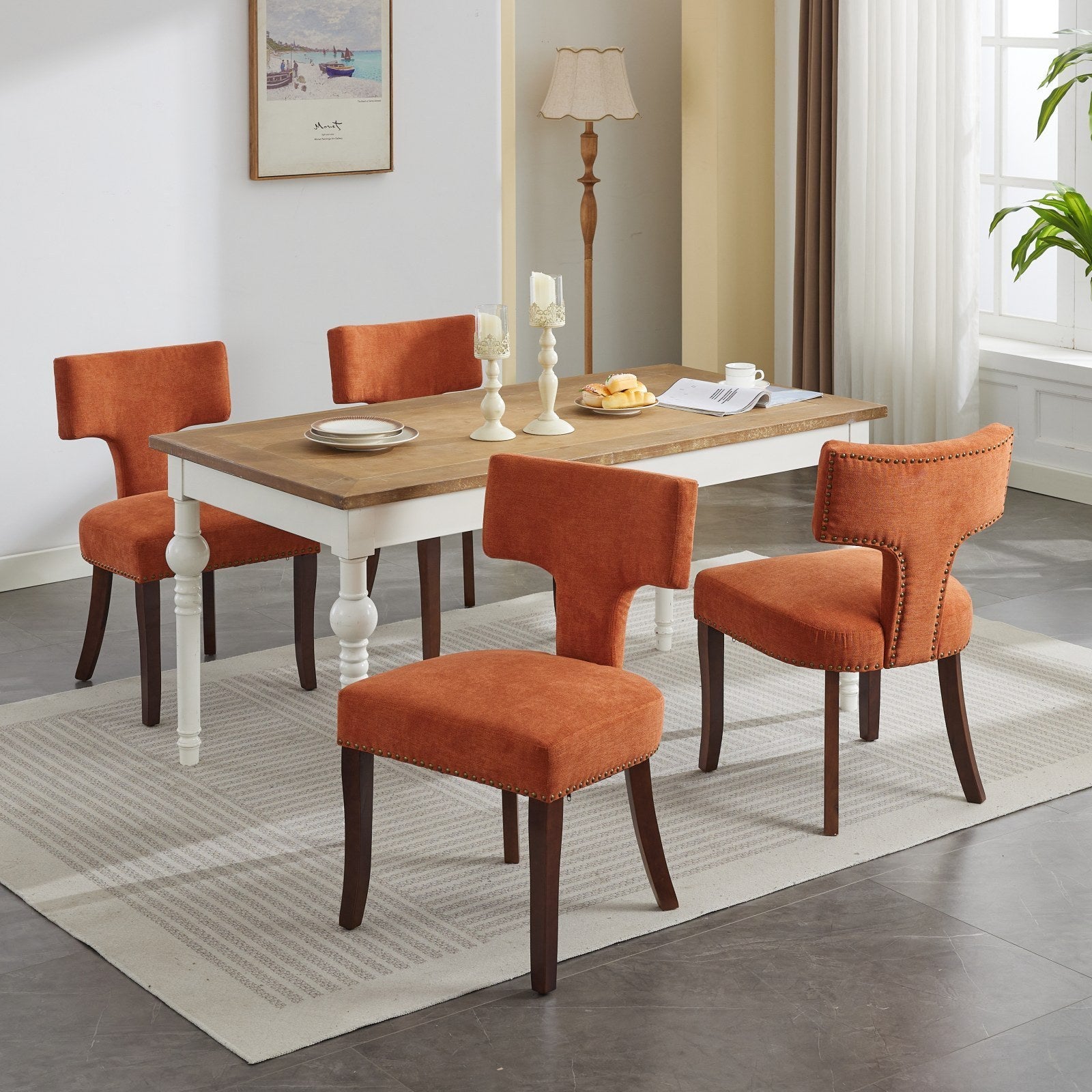 HAOYYE Mid Century Modern Dining Chairs Set of 2, Farmhouse Linen Fabric Upholstered Accent Chair Curved Backrest with Copper Nails around,Kitchen Chairs with Hardwood Frame, Orange Sturdy Space-Saving