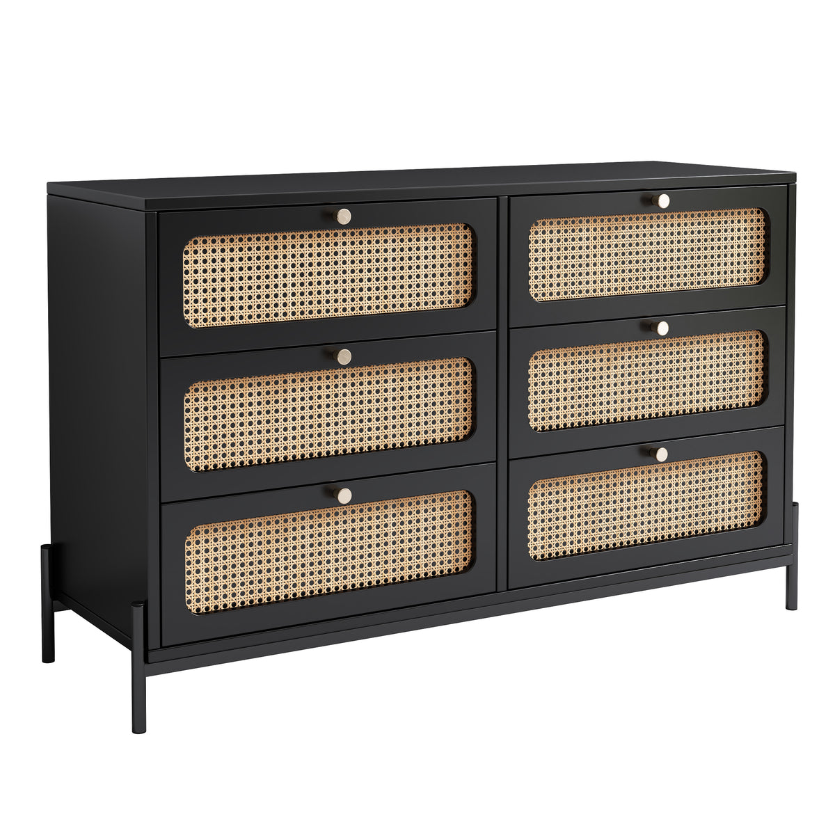 HAOYYE Modern Rattan Wood 6-Drawer Dresser, Storage Cabinet With Cannage Design, Versatile Sideboard For Bedroom, Living Room, Entryway, Or Hallway, Black, Sturdy Space-Saving Heavy Duty Design