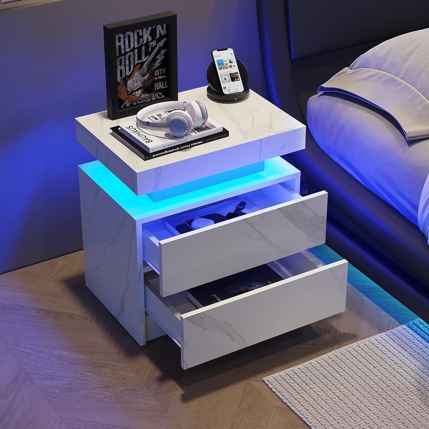 HAOYYE LED Nightstand Bedside Table Cabinet with 2 Drawers, Modern White Stone End Table for Bedroom, Sturdy Space-Saving Heavy Duty Construction, Ideal for Adults and Dorm Rooms, Easy Assembly
