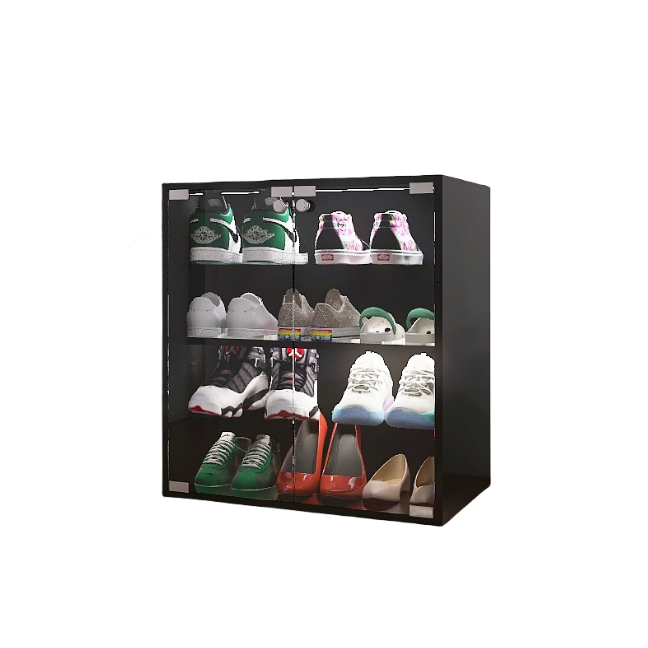 HAOYYE 4 Layers Black Shoe Cabinet with Glass Door and Glass Layer Shoes Display Cabinet with LED light Bluetooth Control Sturdy Space-Saving Heavy Duty Modern Design Adults Dorm Room Easy Assembly