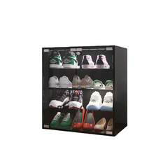 HAOYYE 4 Layers Black Shoe Cabinet with Glass Door and Glass Layer Shoes Display Cabinet with LED light Bluetooth Control Sturdy Space-Saving Heavy Duty Modern Design Adults Dorm Room Easy Assembly