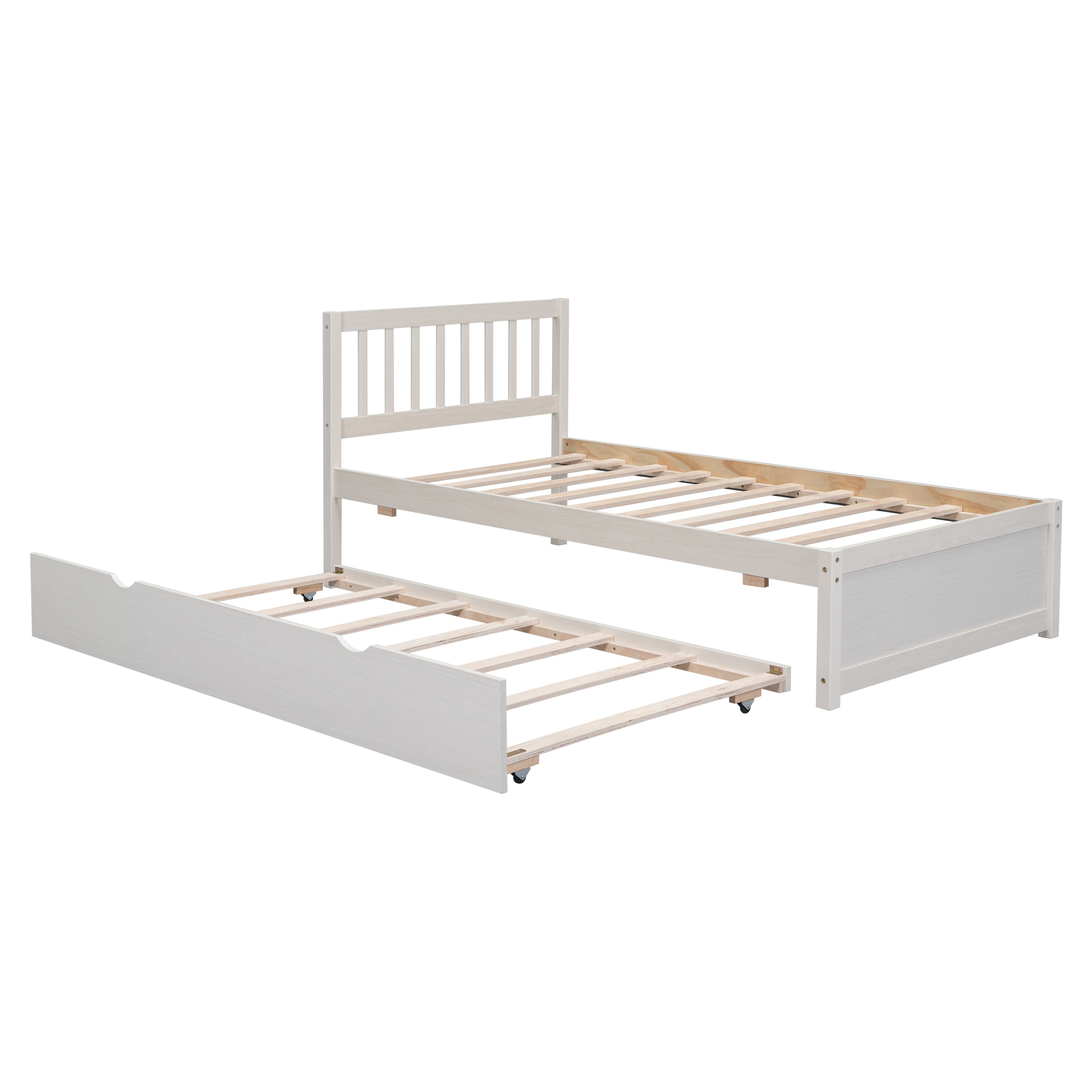 HAOYYE Wooden Twin Size Platform Bed Frame with Trundle for White Washed Color Sturdy Space-Saving Heavy Duty Modern Design Easy Assembly Durable Stylish Home Furniture Versatile