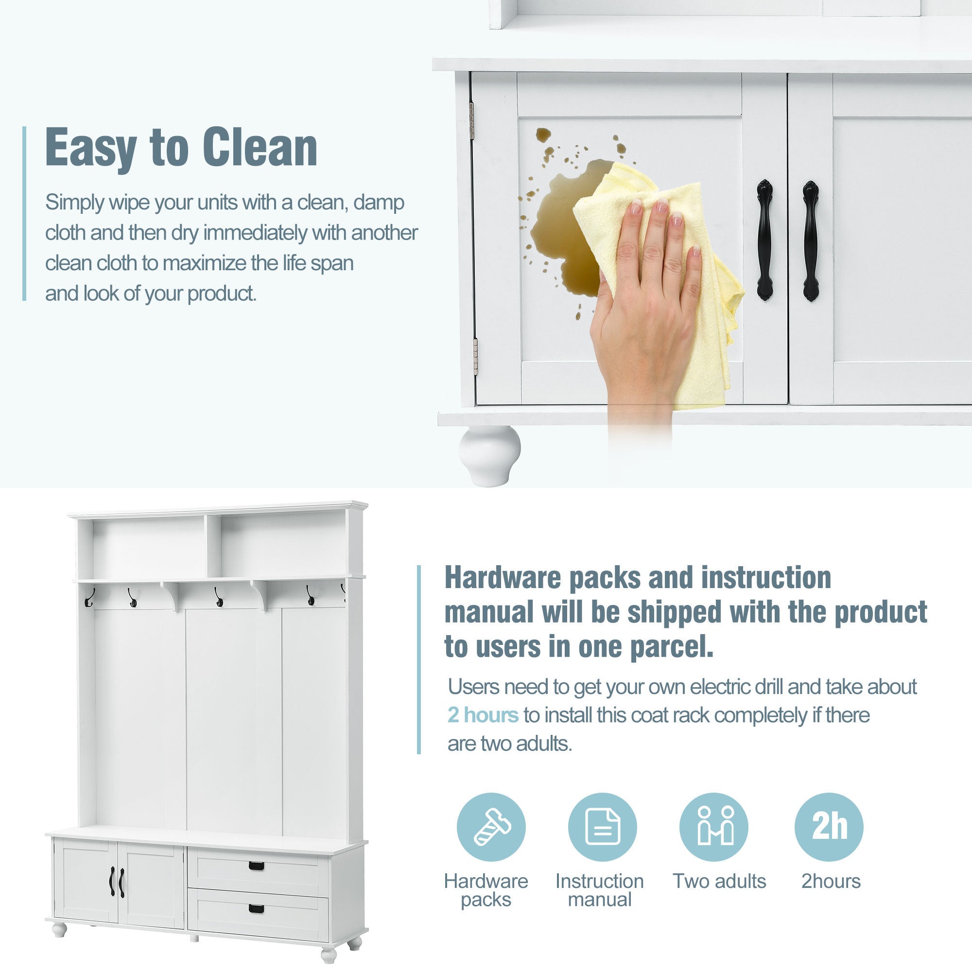 HAOYYE Modern White Hall Tree with Storage Cabinet, 2 Large Drawers, and 5 Coat Hooks, Sturdy Space-Saving Mudroom Bench, Heavy Duty Design for Adults