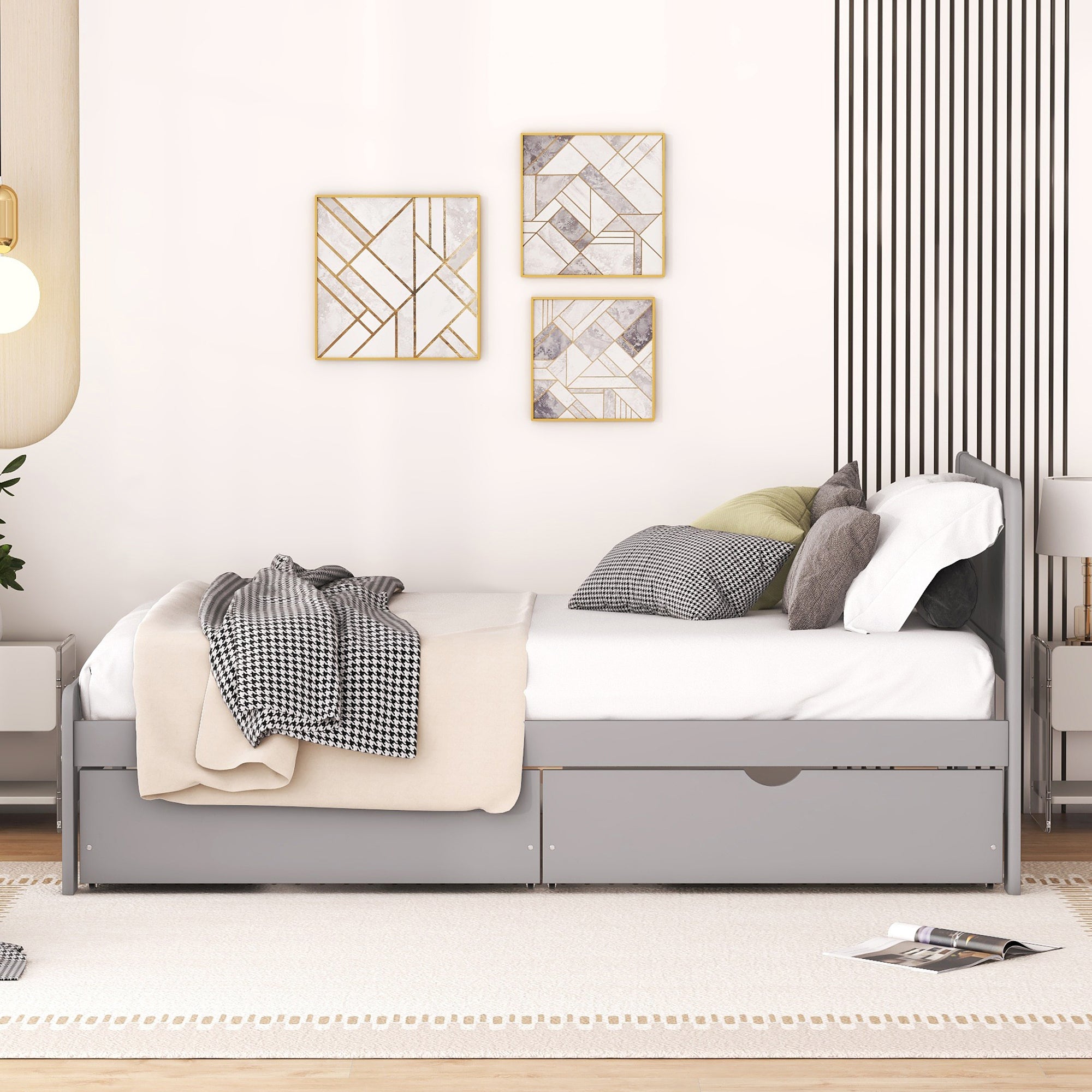 HAOYYE Modern Twin Platform Bed Frame with 2 Drawers, Sturdy Space-Saving Design, Heavy Duty Construction, Easy Assembly, Bedroom Furniture for Adults, Gray Color