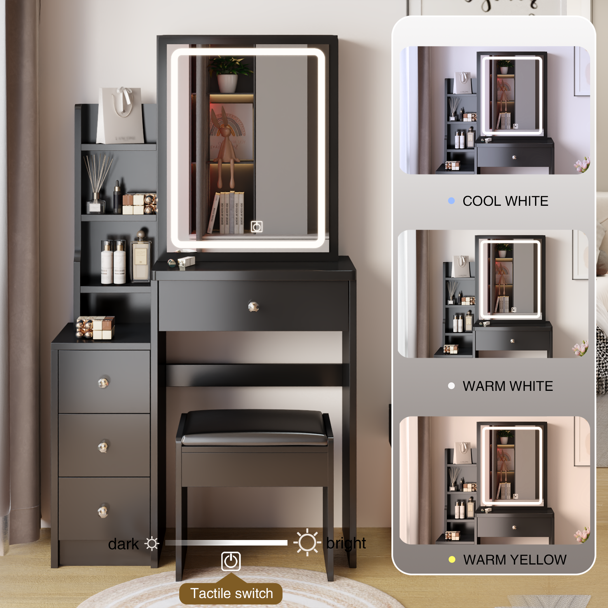 HAOYYE Small Space Left Bedside Cabinet Vanity Table + Cushioned Stool, Extra Large Touch Control Sliding LED Mirror, Tri-color Switching, Brightness Adjustable, Suitable for Girls No More Than 5.6ft Tall