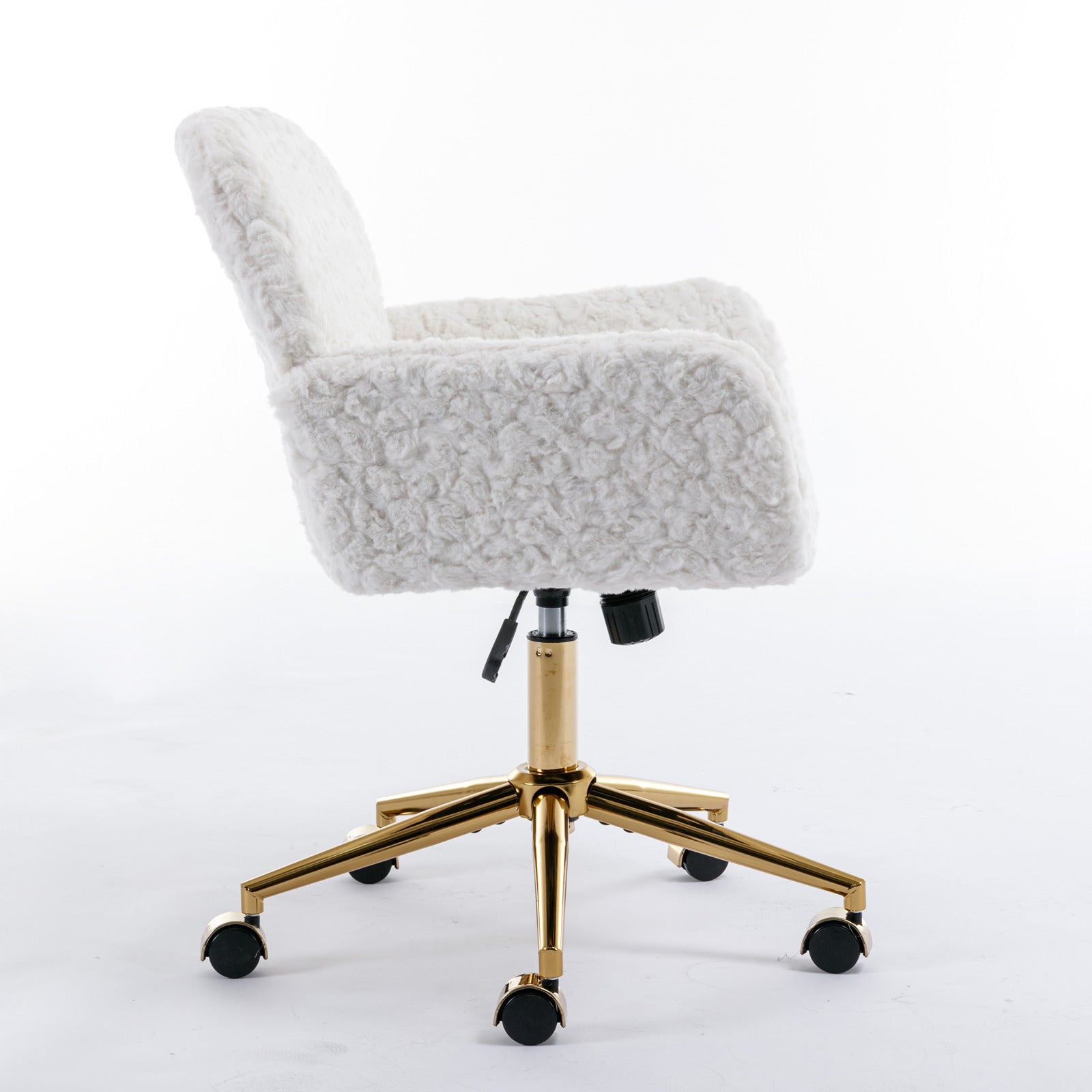 HAOYYE Artificial Rabbit Hair Home Office Chair With Golden Metal Base, Adjustable Swivel Desk Chair, Modern Beige Vanity Chair, Sturdy Space-Saving Heavy Duty Design