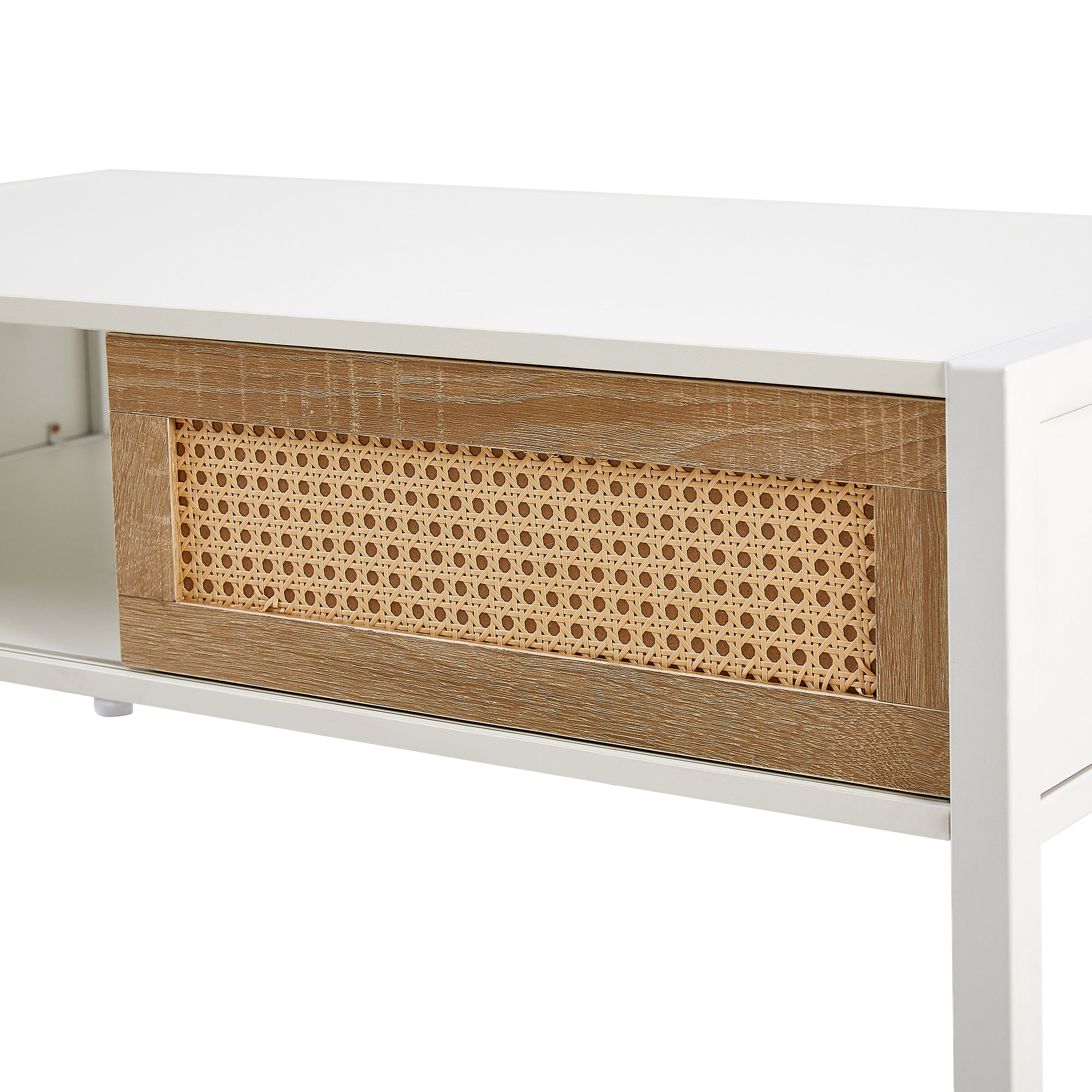HAOYYE White Rattan Coffee Table With Sliding Door, Metal Legs, Modern Storage Table for Living Room, Sturdy Space-Saving Heavy Duty Design, Easy Assembly