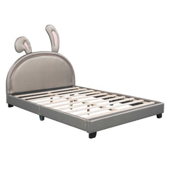 HAOYYE Full Size Upholstered Leather Platform Bed with Rabbit Ornament, Gray Sturdy Space-Saving Heavy Duty Modern Design Adults Dorm Room Easy Assembly Bedroom Furniture
