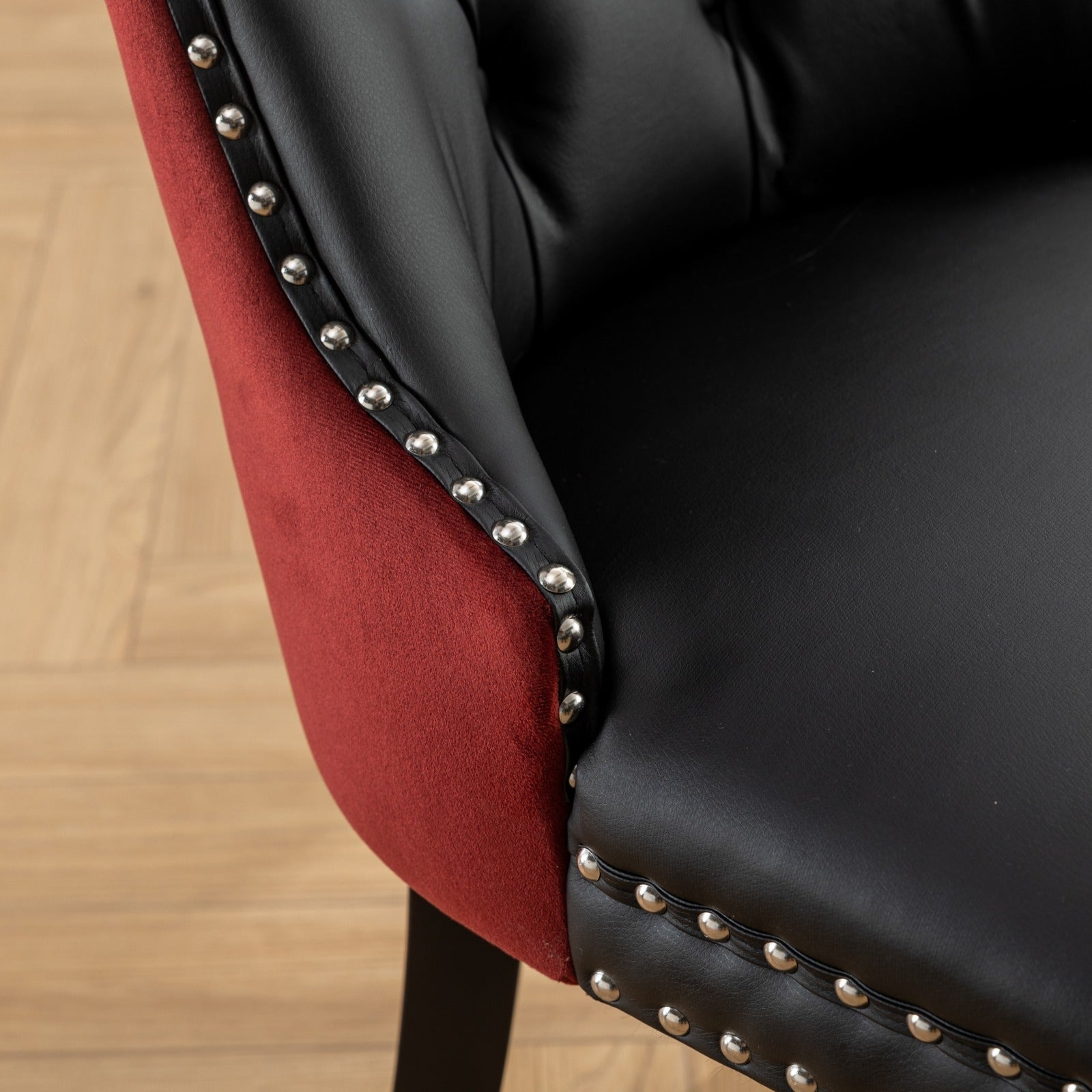 HAOYYE Nikki Collection Modern, High-end Tufted Solid Wood Contemporary PU and Velvet Upholstered Dining Chair with Wood Legs Nailhead Trim 2-Pcs Set, Black+WineRed, Burgundy,SW2101BW Sturdy