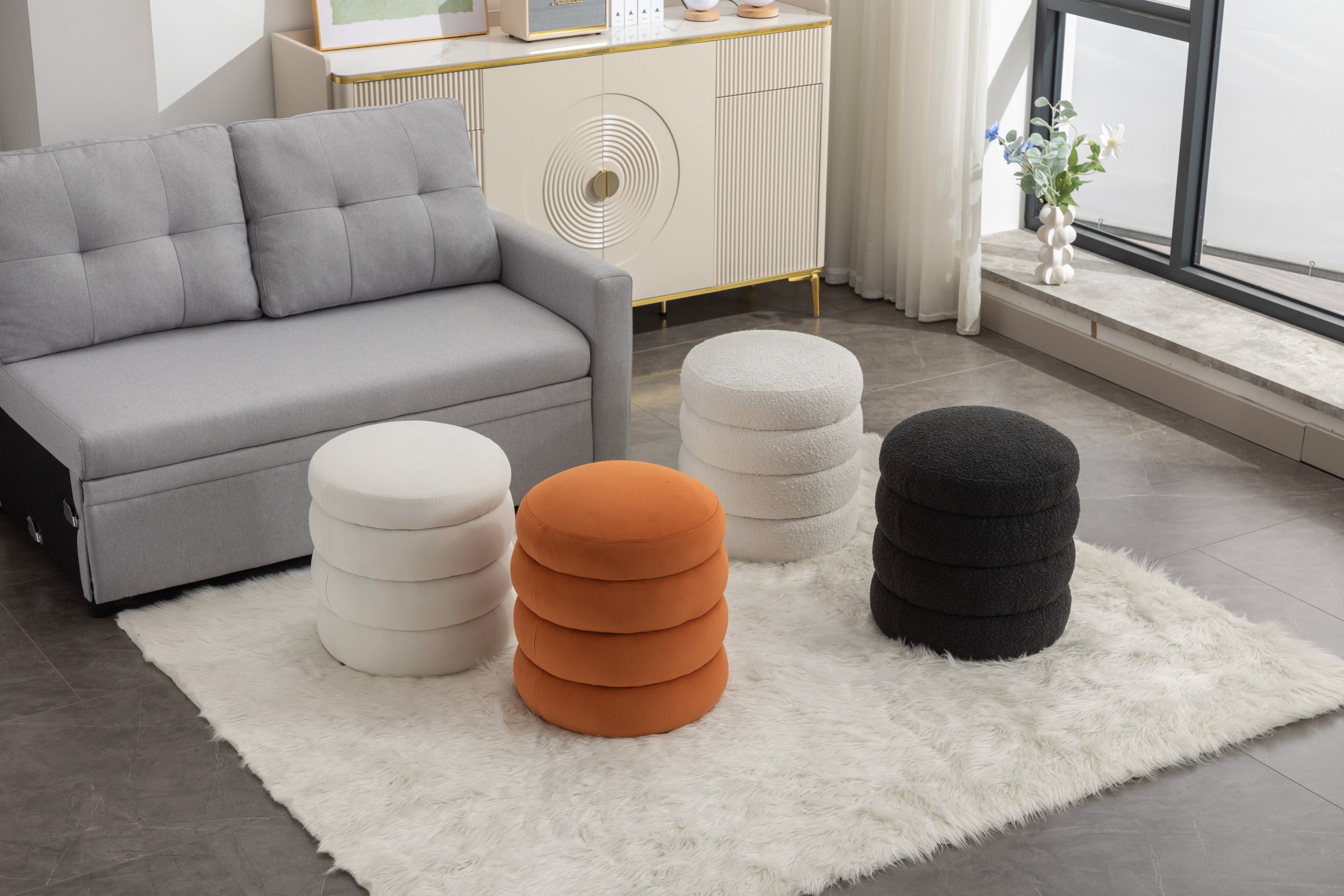 Haoyye Velvet Round Ottoman Footrest Stool, Soft Foam Padded Upholstered Footstool with Wooden Frame, Modern Space-Saving Accent Ottoman for Living Room, Bedroom, or Entryway, No Assembly Needed, Comfortable and Versatile Home Furniture