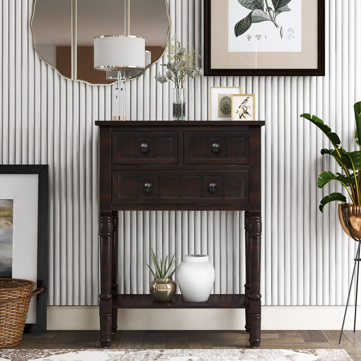 HAOYYE Narrow Console Table, Slim Sofa Table with Three Storage Drawers and Bottom Shelf for Living Room, Espresso, Sturdy Space-Saving Design, Heavy Duty Construction, Easy Assembly, Durable and Stylish Home Furniture, Versatile for Hallway or Entryway