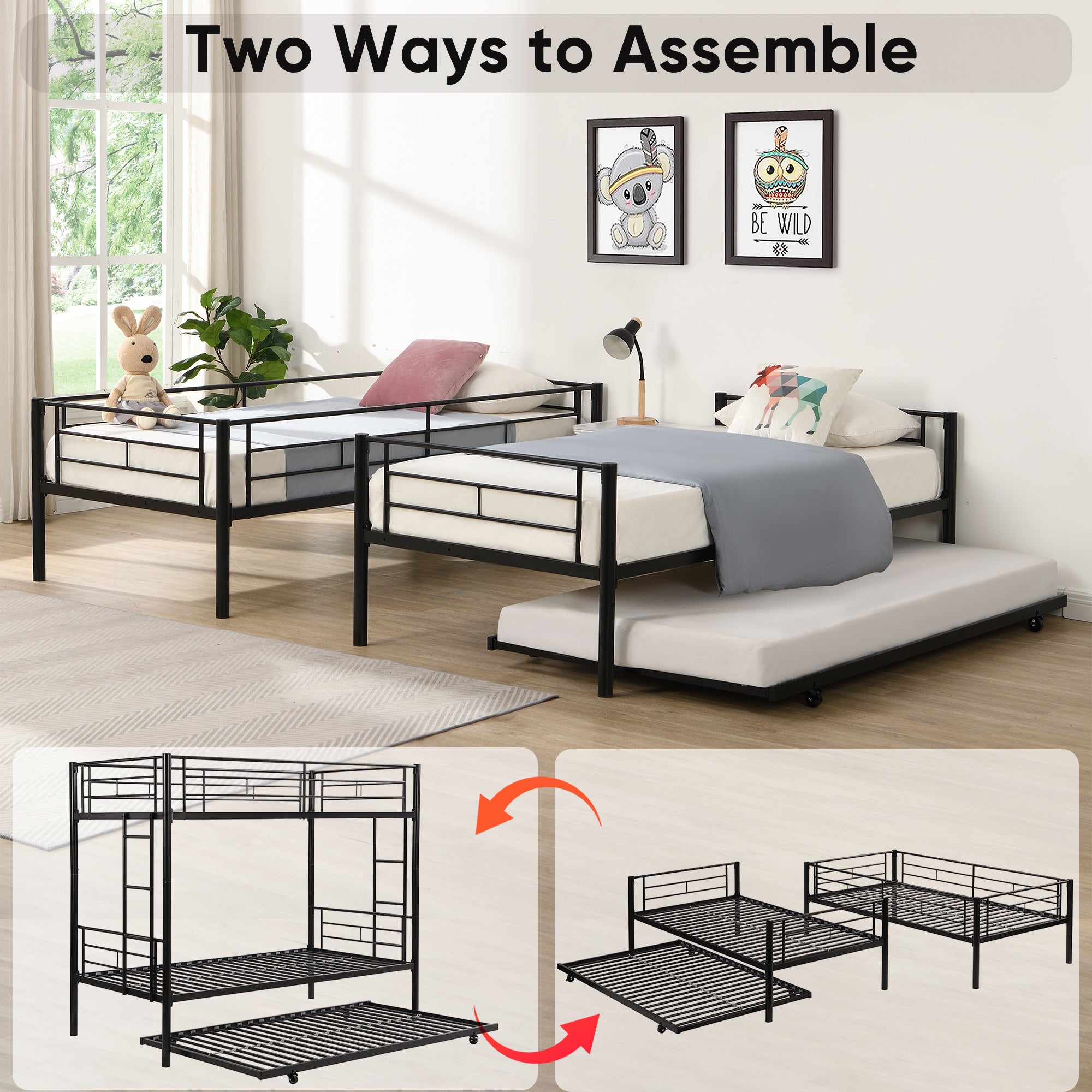 HAOYYE Over Twin Bunk Bed Frame with Trundle,Metal Bunkbed with Sturdy Guard Rail and 2 sideLadders for /Adults,Can be Divided Into Two Beds, No Box Spring Needed, Noise Free for Dorm,Black Space-Saving