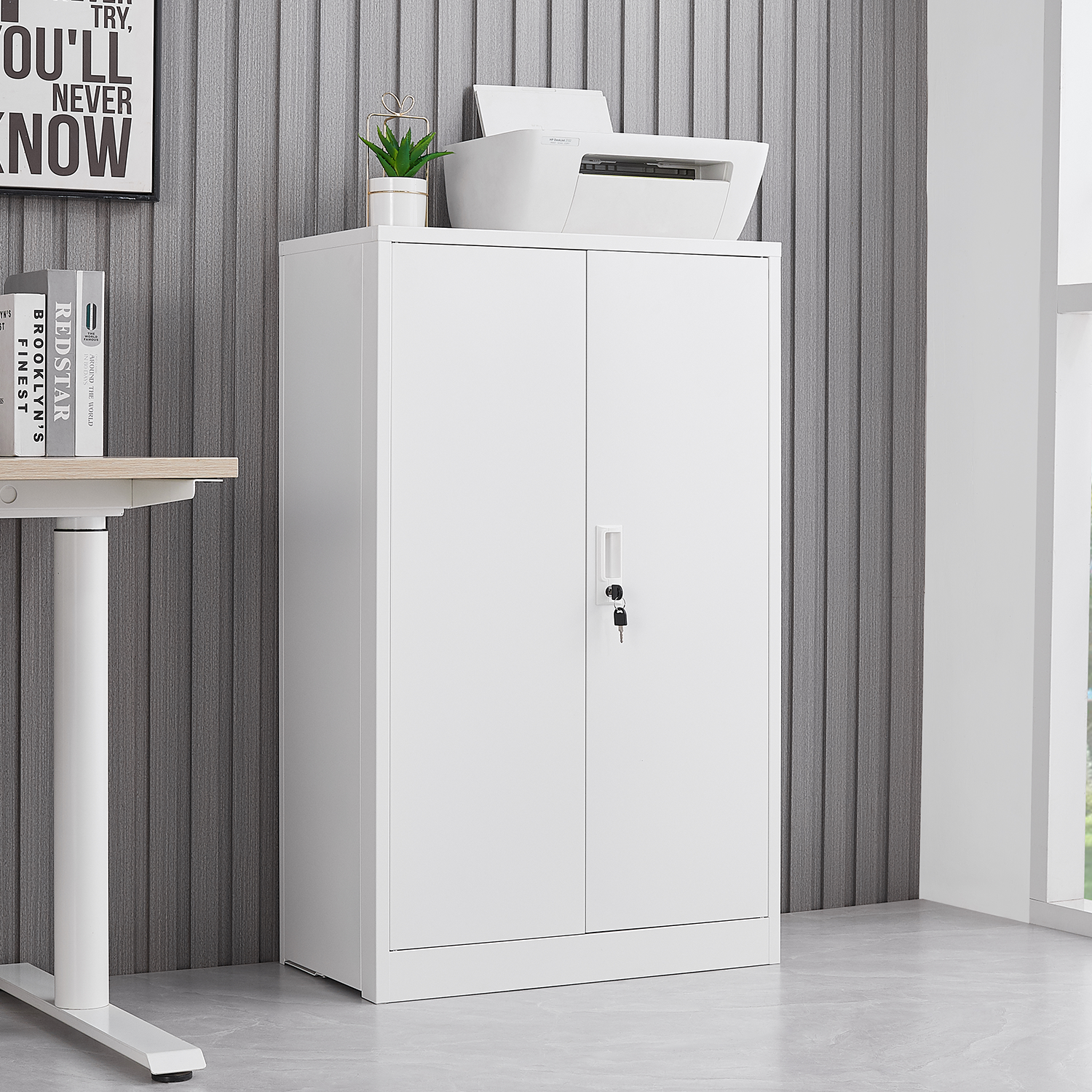 HAOYYE Metal Storage Cabinet with Locking Doors and Adjustable Shelves, Folding Filing Storage Locker Cabinet for Home Office, School, Garage, Durable and Space-Saving White Storage Solution