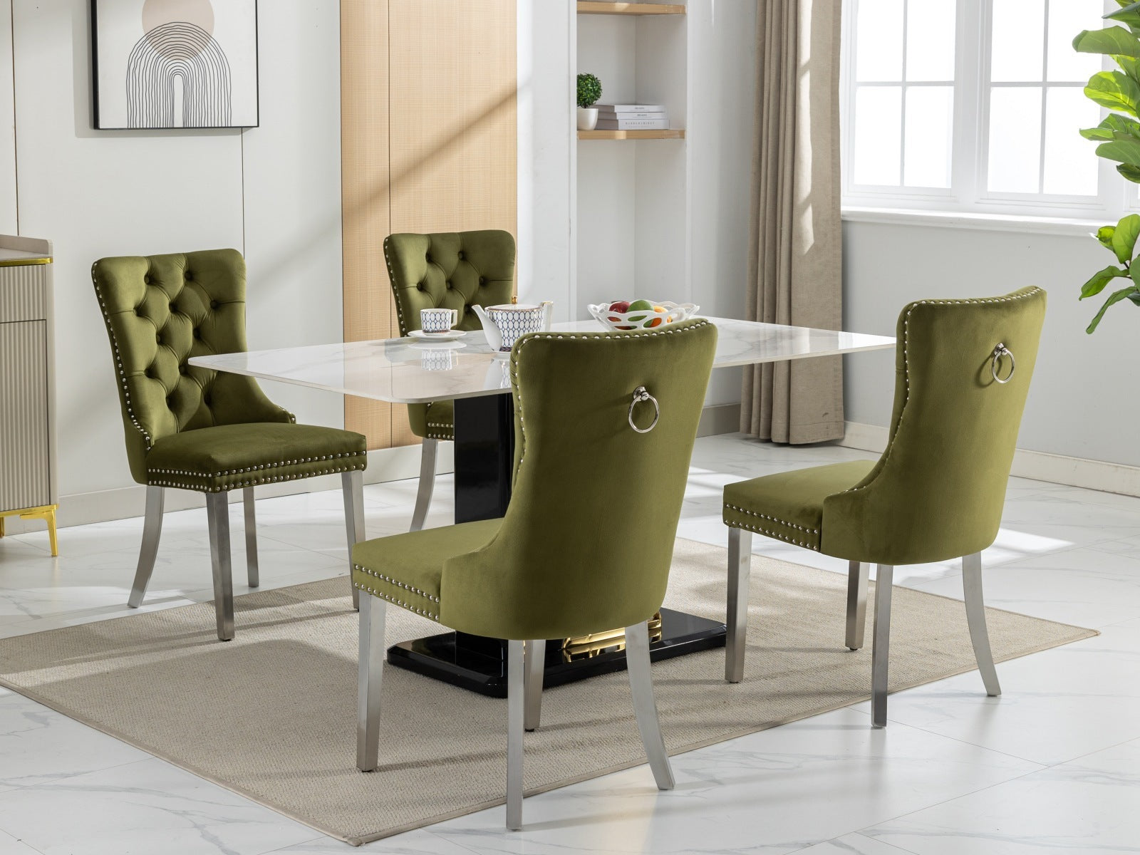 HAOYYE High-end Tufted Solid Wood Contemporary Velvet Upholstered Dining Chair with Chrome Stainless Steel Plating Legs,Nailhead Trim,Set of 2,Olive-Green and Chrome, SW1701OL Sturdy