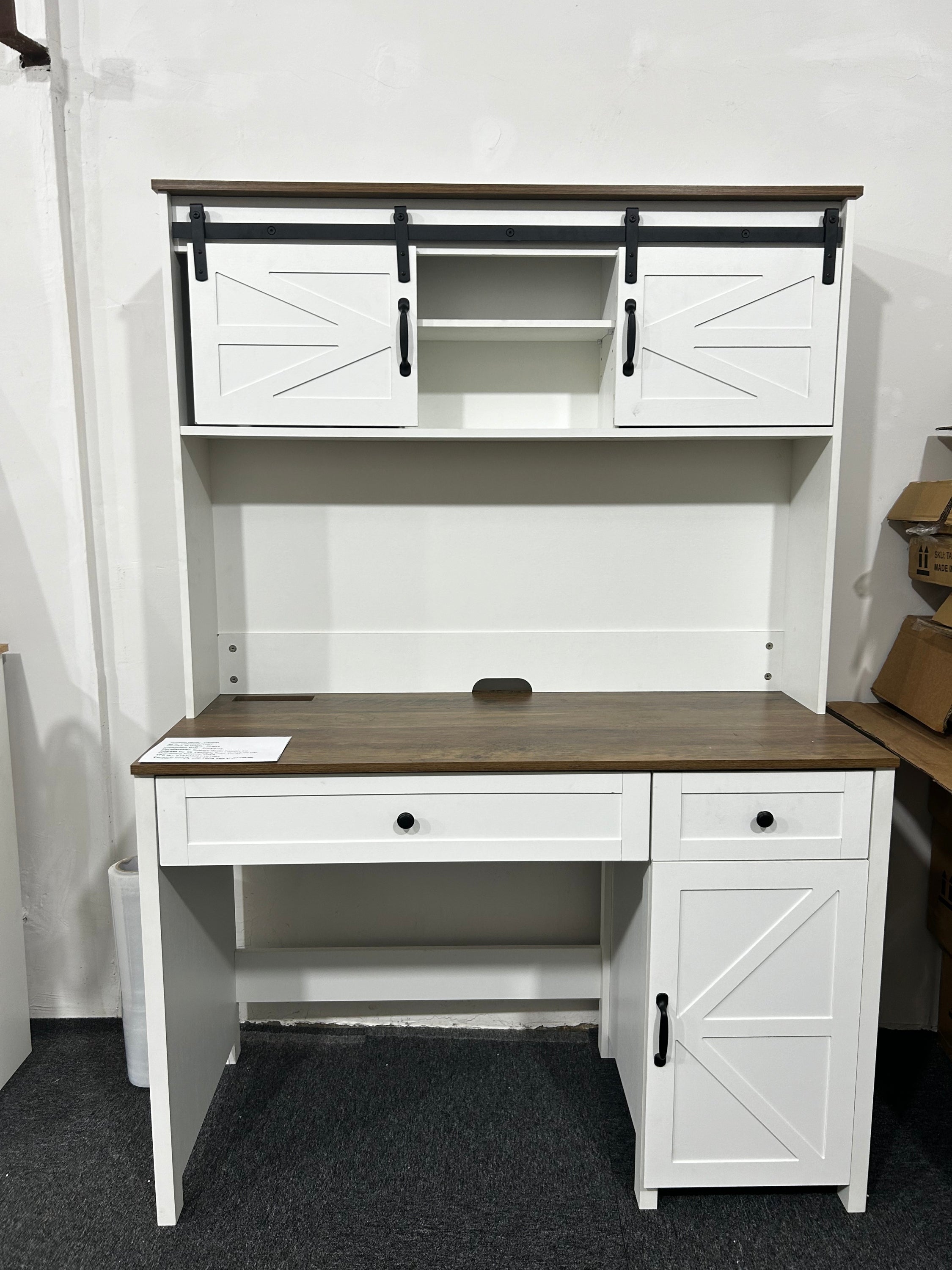 HAOYYE Farmhouse Executive Desk With Drawers, Rustic Home Office Desk With Charging Station, File Drawer, Storage Cabinet, Sturdy Space-Saving Heavy Duty Computer Writing Desk (Antique White)