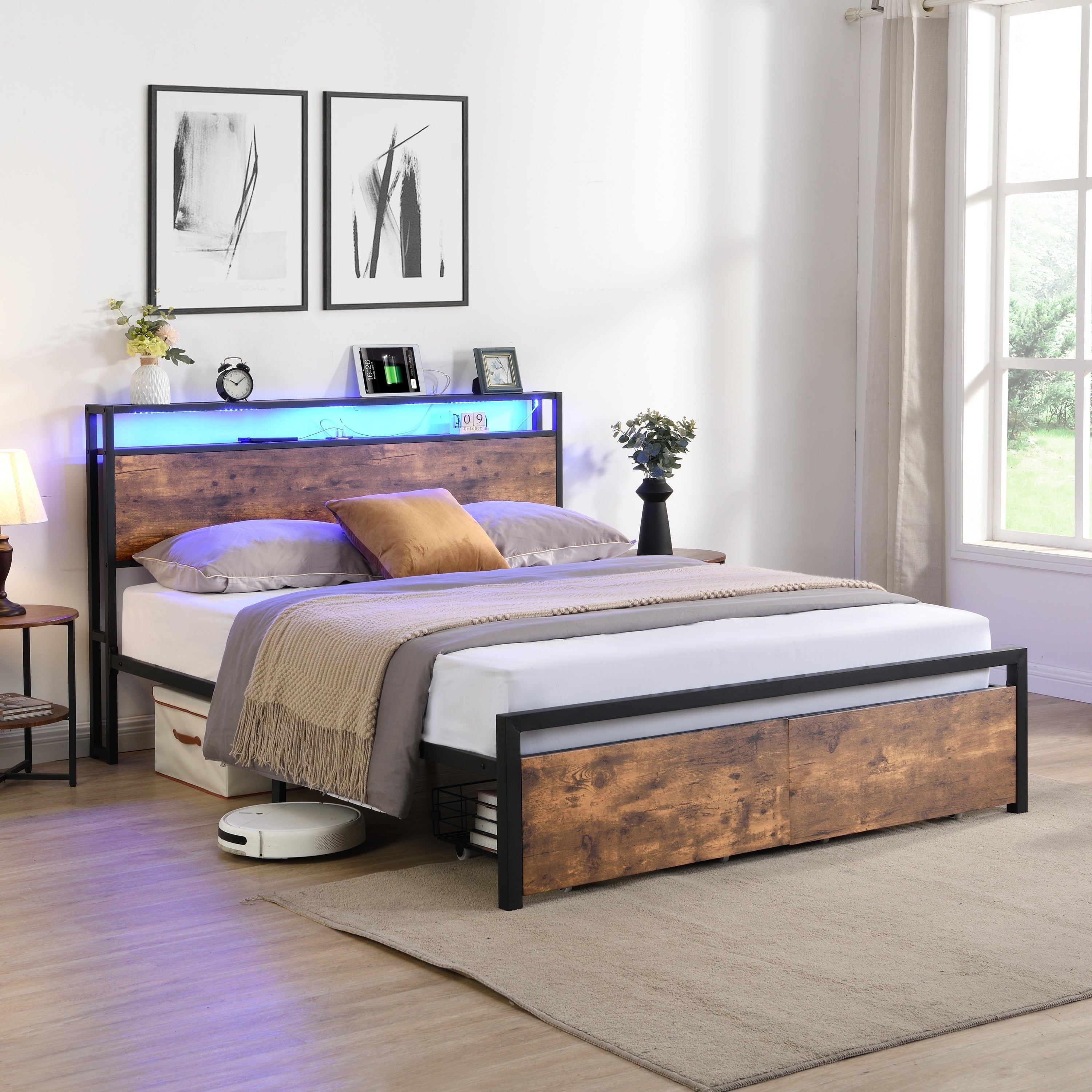 HAOYYE Full Size Bed Frame with Storage Headboard and 2 Drawers, LED Lights Bed with Charging Station, Metal Platform Bed No Noise, Mattress Foundation Strong Metal Slats Support No Box Spring Needed Sturdy