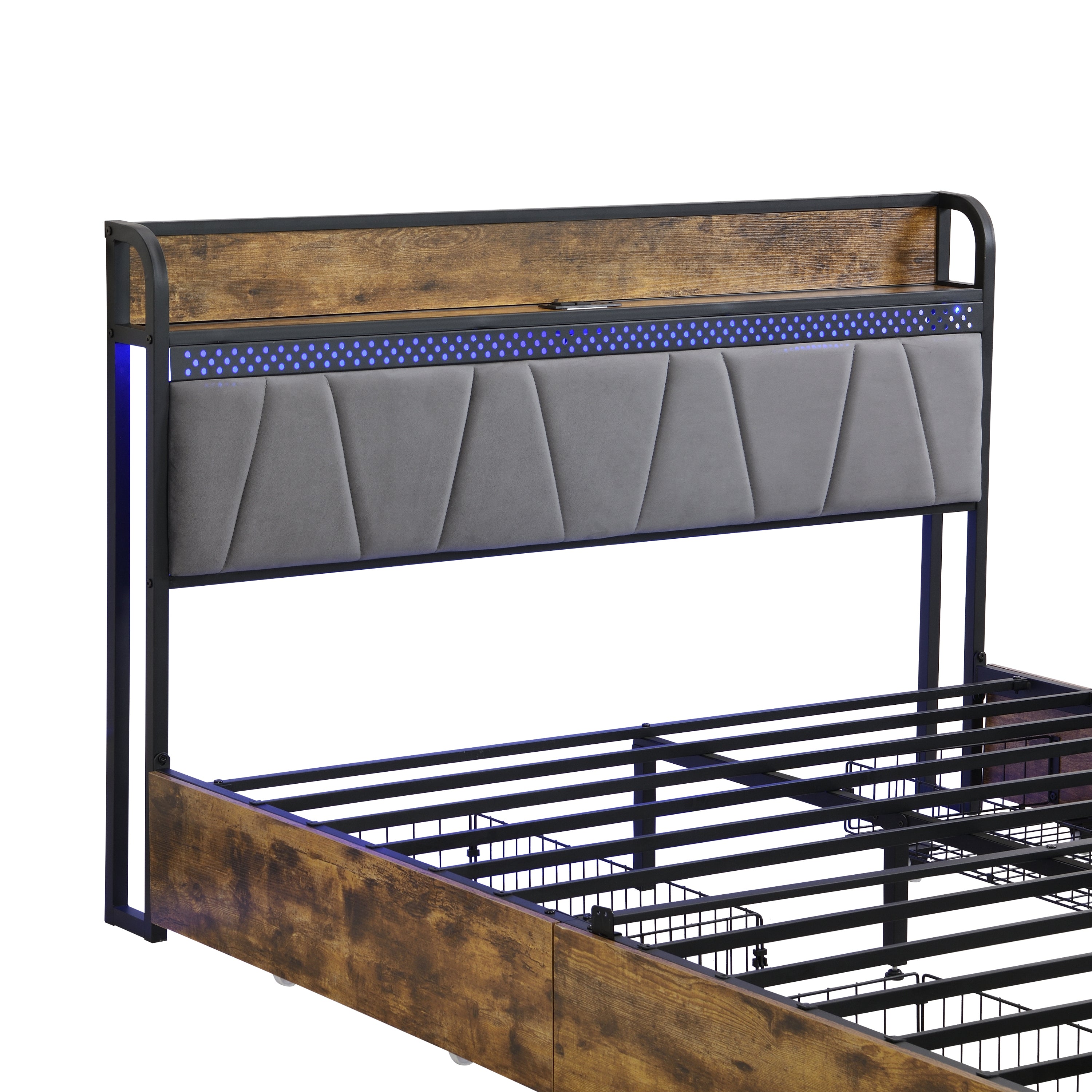 HAOYYE Full Size Bed Frame with Storage Headboard, Charging Station, LED Lights, and Four Drawers, Brown and Gray, Sturdy Space-Saving Design, Heavy Duty Construction, Modern Stylish Home Furniture
