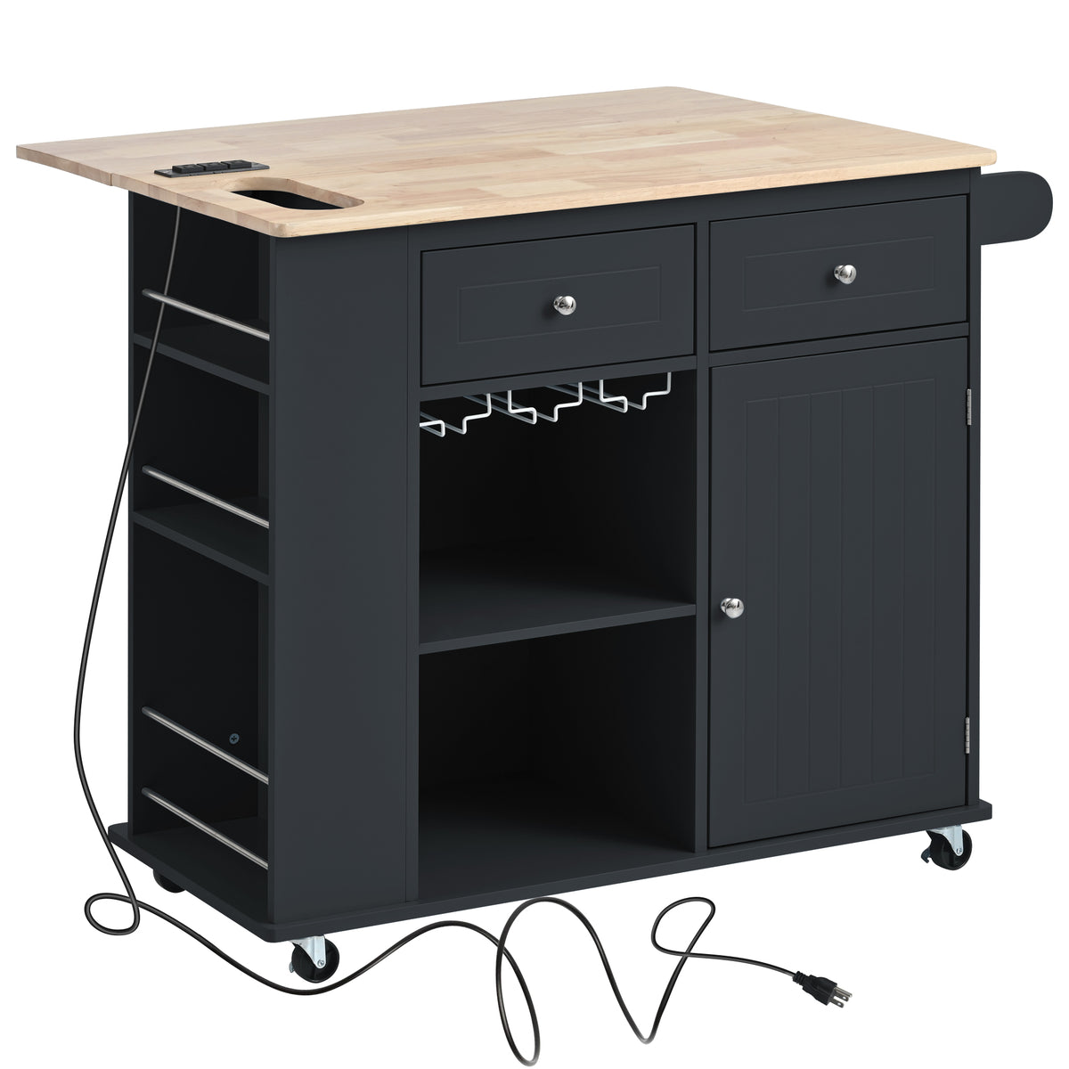 HAOYYE Kitchen Island with Power Outlet, Drop Leaf, Rubber Wood Top, Wine Rack, and Adjustable Storage. Black Kitchen Storage Island on Wheels, Ideal for Home, Kitchen, and Dining Room