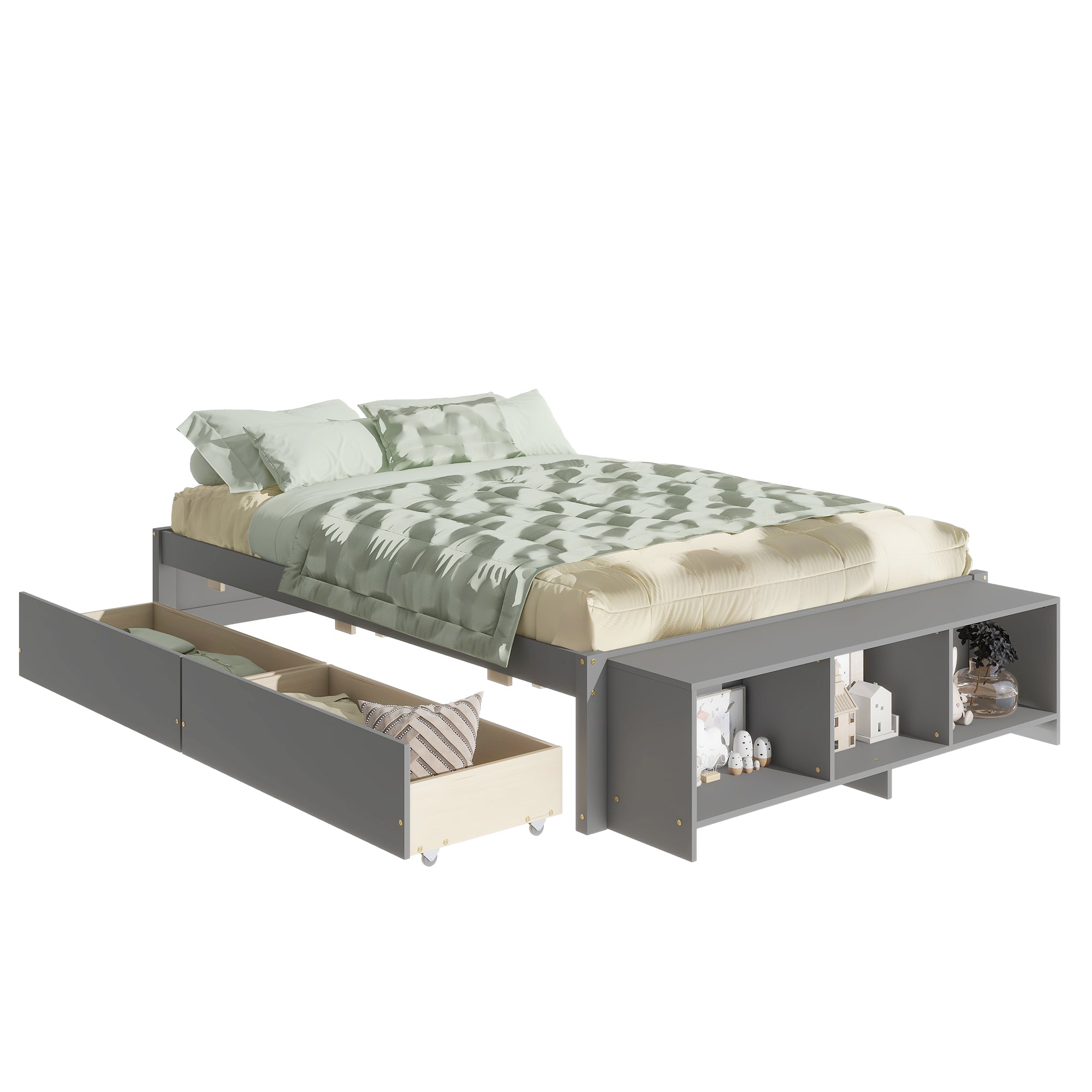 HAOYYE Full Size Bed with Storage Case, 2 Storage Drawers, Lengthwise Support Slat, Grey Heavy Duty Sturdy Bed Frame, Space-Saving Modern Design, Easy Assembly, Durable Stylish Home Furniture, Versatile Bedroom Storage Solution.