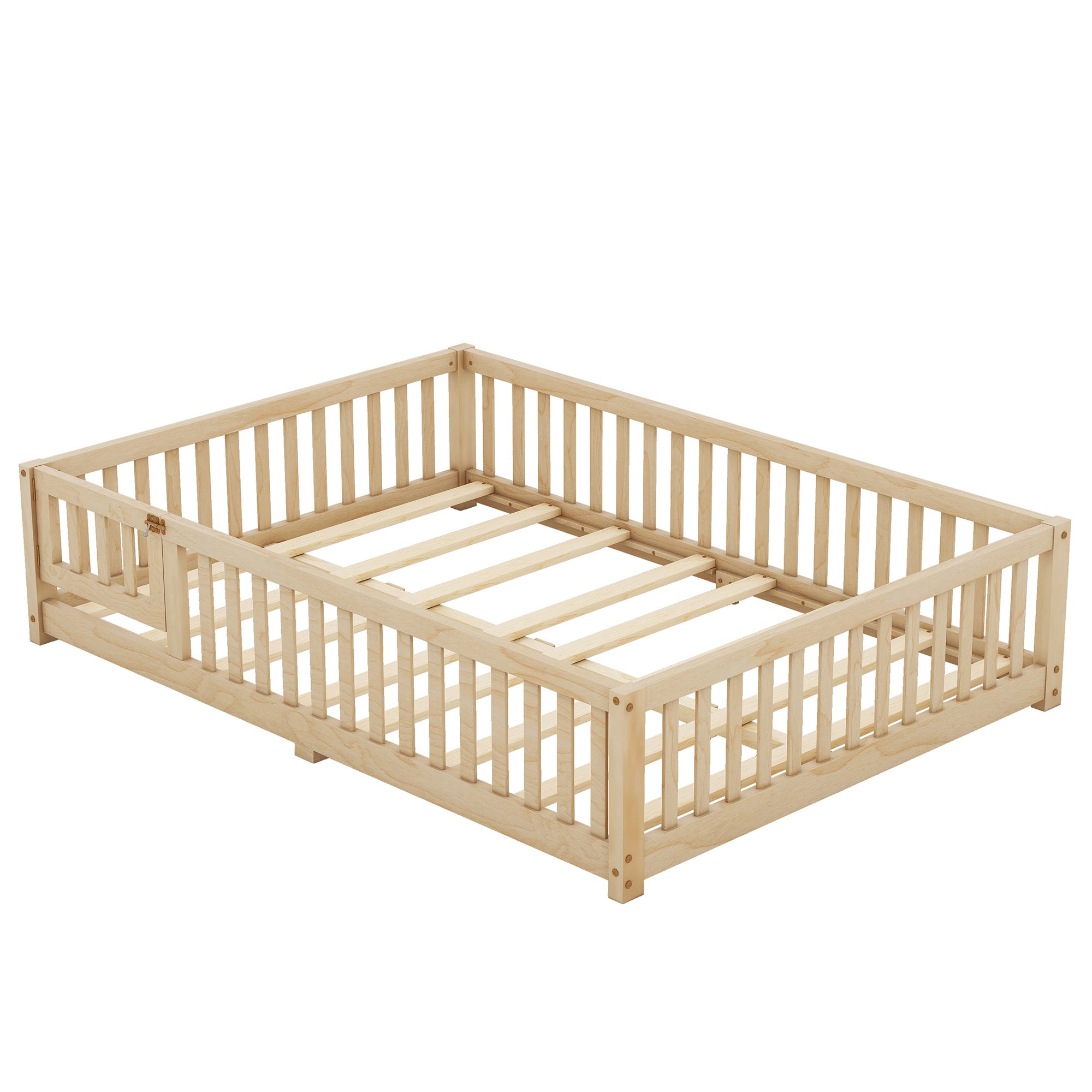 HAOYYE Full Size Bed Floor Bed with Safety Guardrails and Door for , Natural(Old SKU: W158090693) Sturdy Space-Saving Heavy Duty Modern Design Adults Dorm Room Easy Assembly Bedroom Furniture