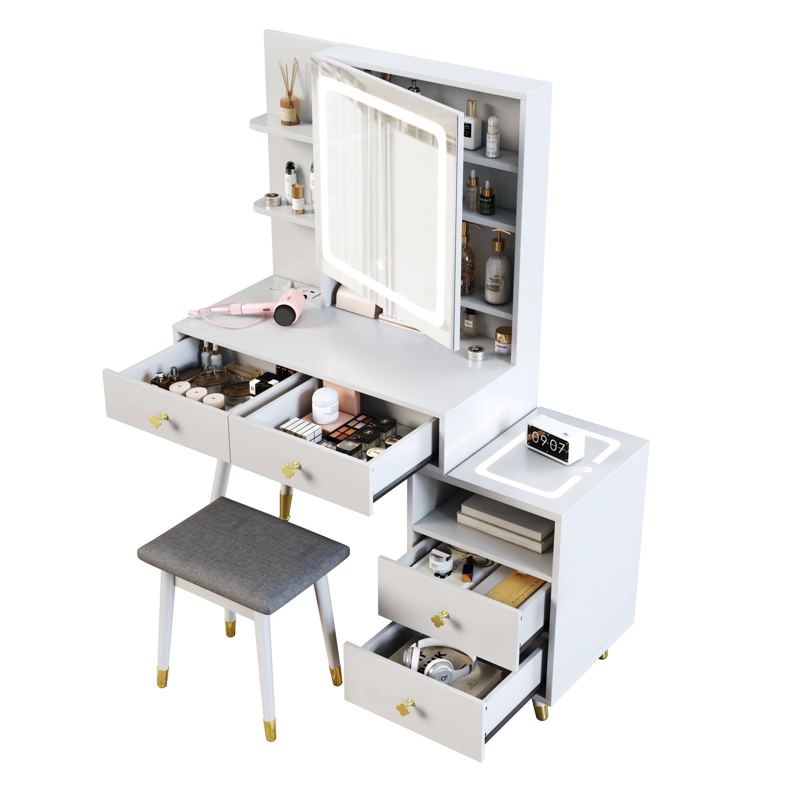 HAOYYE Vanity Dressing Table Set with LED Mirror Cabinet, 4 Drawers, 2-Tier Shelf, Three-Tone Dimmable Light, Pitted Particle Board with Melamine Finish, Solid Wood Legs with Copper Sheath, Modern Makeup Desk with Storage for Bedroom or Dressing Room