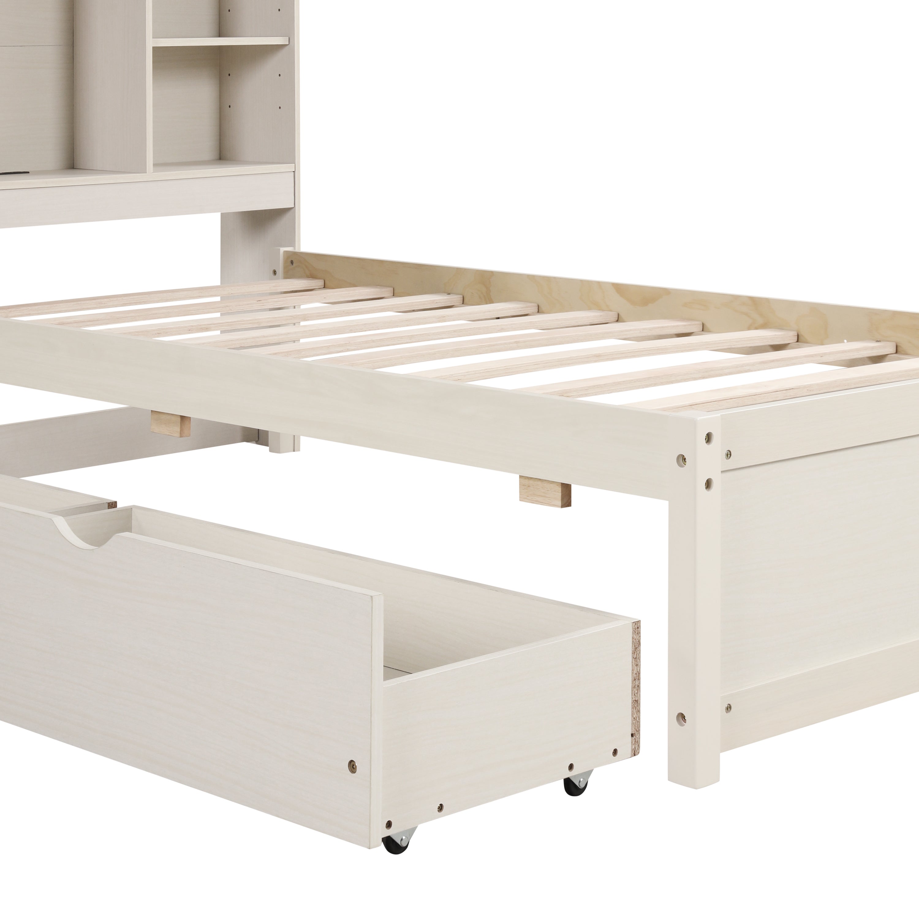 HAOYYE Modern Twin Size Bed Frame with Built-In USB Port on Bookcase Headboard and Two Drawers for White Washed Color, Sturdy Space-Saving Design, Heavy Duty Construction, Easy Assembly, Durable and Stylish Home Furniture