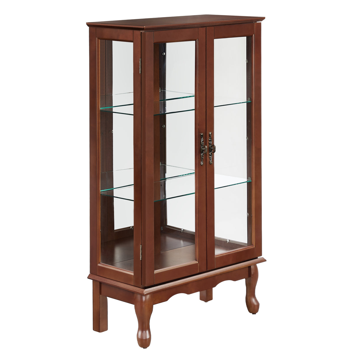 HAOYYE Lighted Curio Cabinet With Adjustable Shelves, Mirrored Back Panel, Tempered Glass Doors, Walnut Finish, 3 Tier Sturdy Space-Saving Heavy Duty Display Case For Living Room, Dining Room, Office