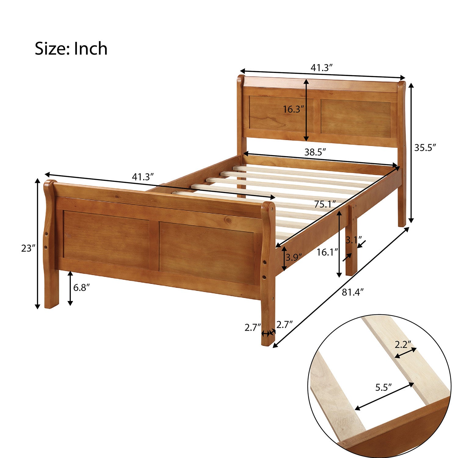 HAOYYE Wood Platform Bed Twin Bed Frame Mattress Foundation Sleigh Bed with Headboard/Footboard/Wood Slat Support Sturdy Space-Saving Heavy Duty Modern Design Easy Assembly Durable Stylish Home Furniture