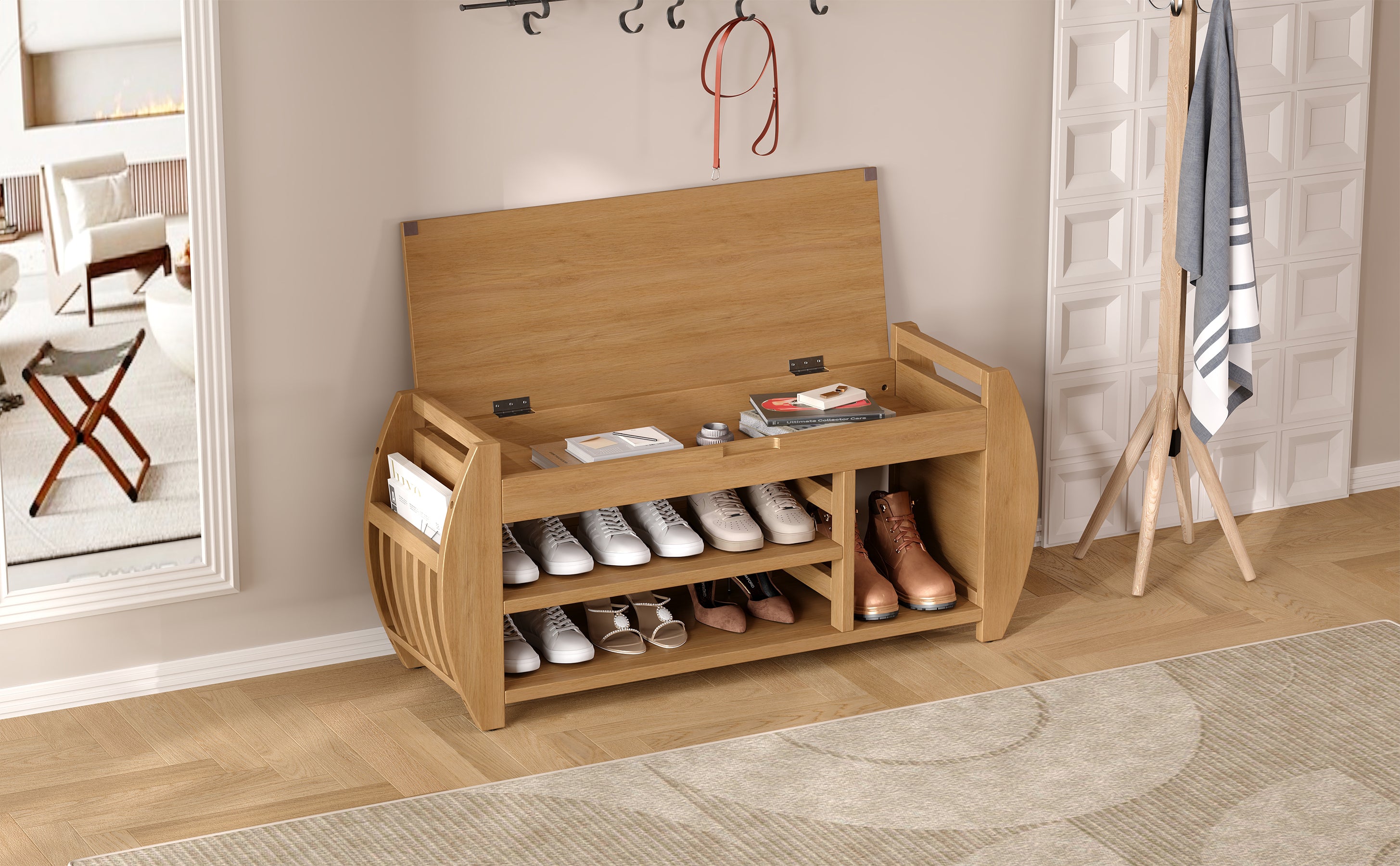 HAOYYE Retro Multifunctional Storage Bench with Cushion and Curved Side Panel for Entrance and Living Room (Natural) Sturdy Space-Saving Heavy Duty Modern Design Easy Assembly Durable Stylish Versatile