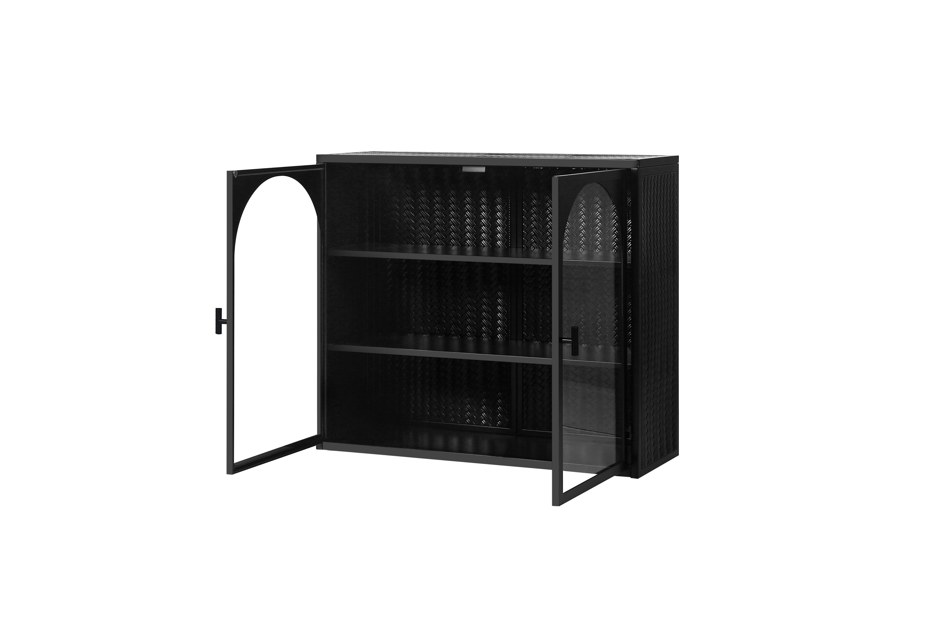 HAOYYE 27.56"Glass Doors Modern Two-door Wall Cabinet with Featuring Three-tier Storage for Entryway Living Room Bathroom Dining Room,Wall Cabinet with Characteristic Woven Pattern,Black Sturdy Space-Saving