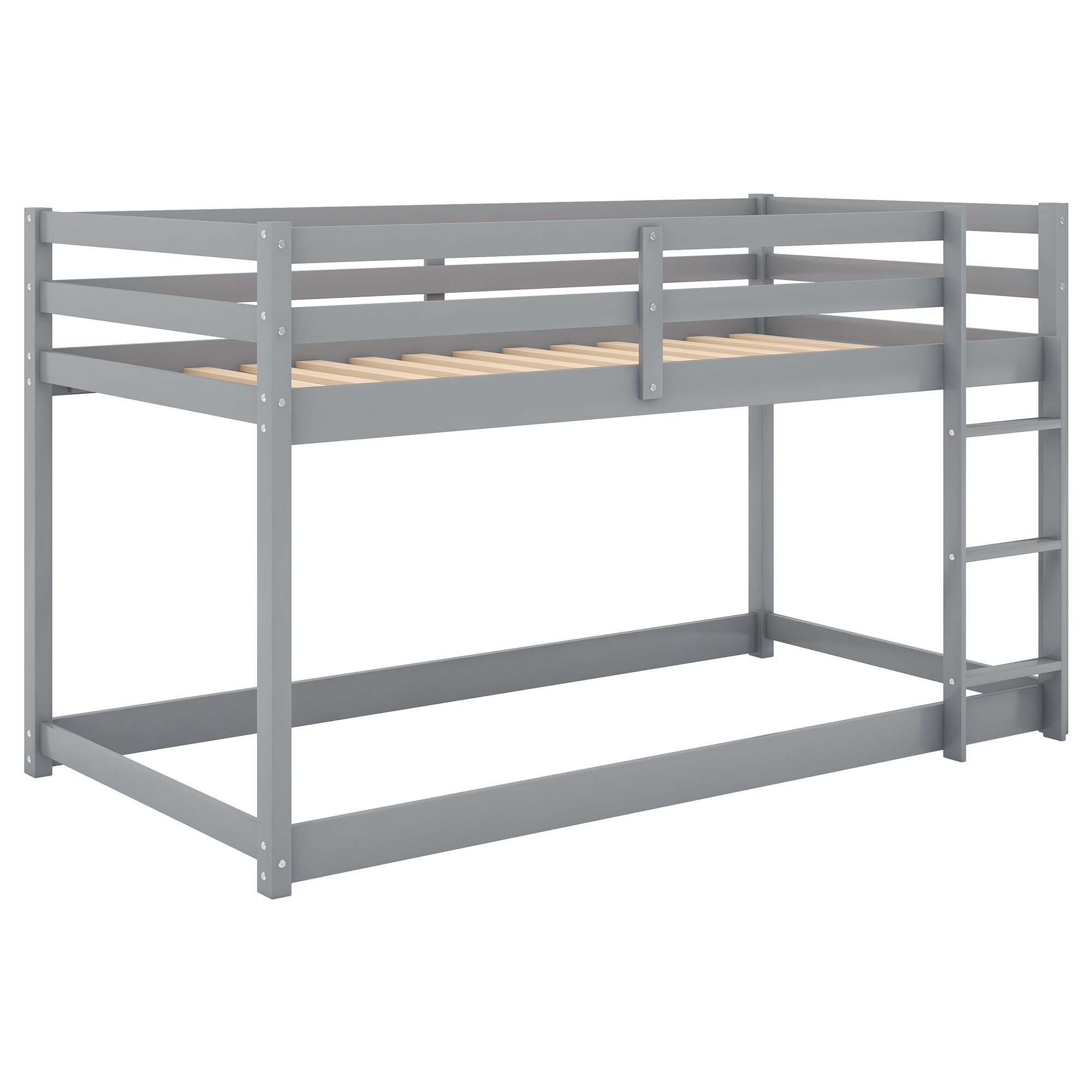 HAOYYE Twin over Twin Floor Bunk Bed with Ladder , Gray(Old SKU:WF281727AAE/WF286602AAE) Sturdy Space-Saving Heavy Duty Modern Design Easy Assembly Durable Stylish Home Furniture Versatile