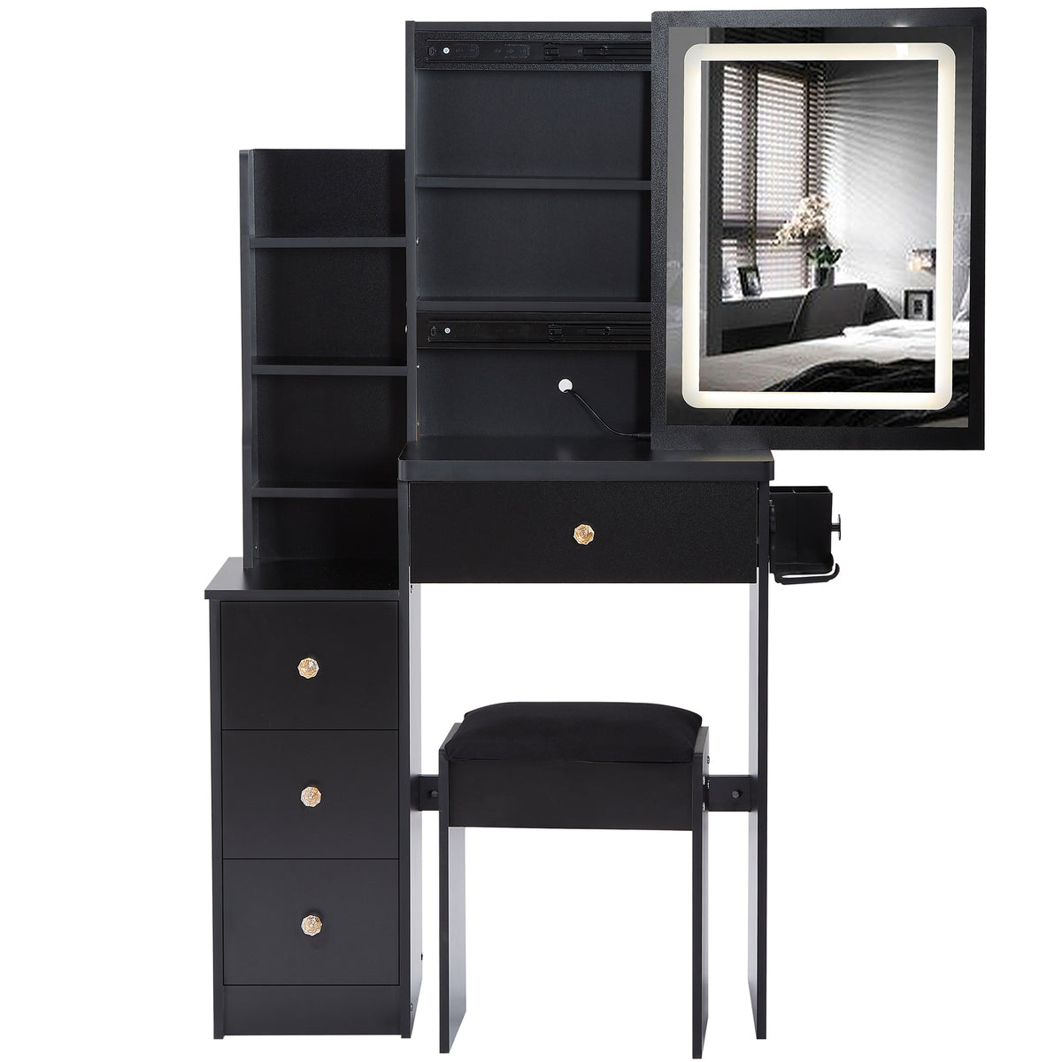 HAOYYE Small Size Left Bedside Cabinet Vanity Table + Cushioned Stool, 2 AC+2 USB Power Station, Hair dryer bracket, Extra Large Touch Control Sliding LED Mirror, Tri-color Switching, EPA,GCC,UL Certificate