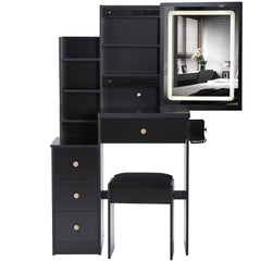 HAOYYE Small Size Left Bedside Cabinet Vanity Table + Cushioned Stool, 2 AC+2 USB Power Station, Hair dryer bracket, Extra Large Touch Control Sliding LED Mirror, Tri-color Switching, EPA,GCC,UL Certificate