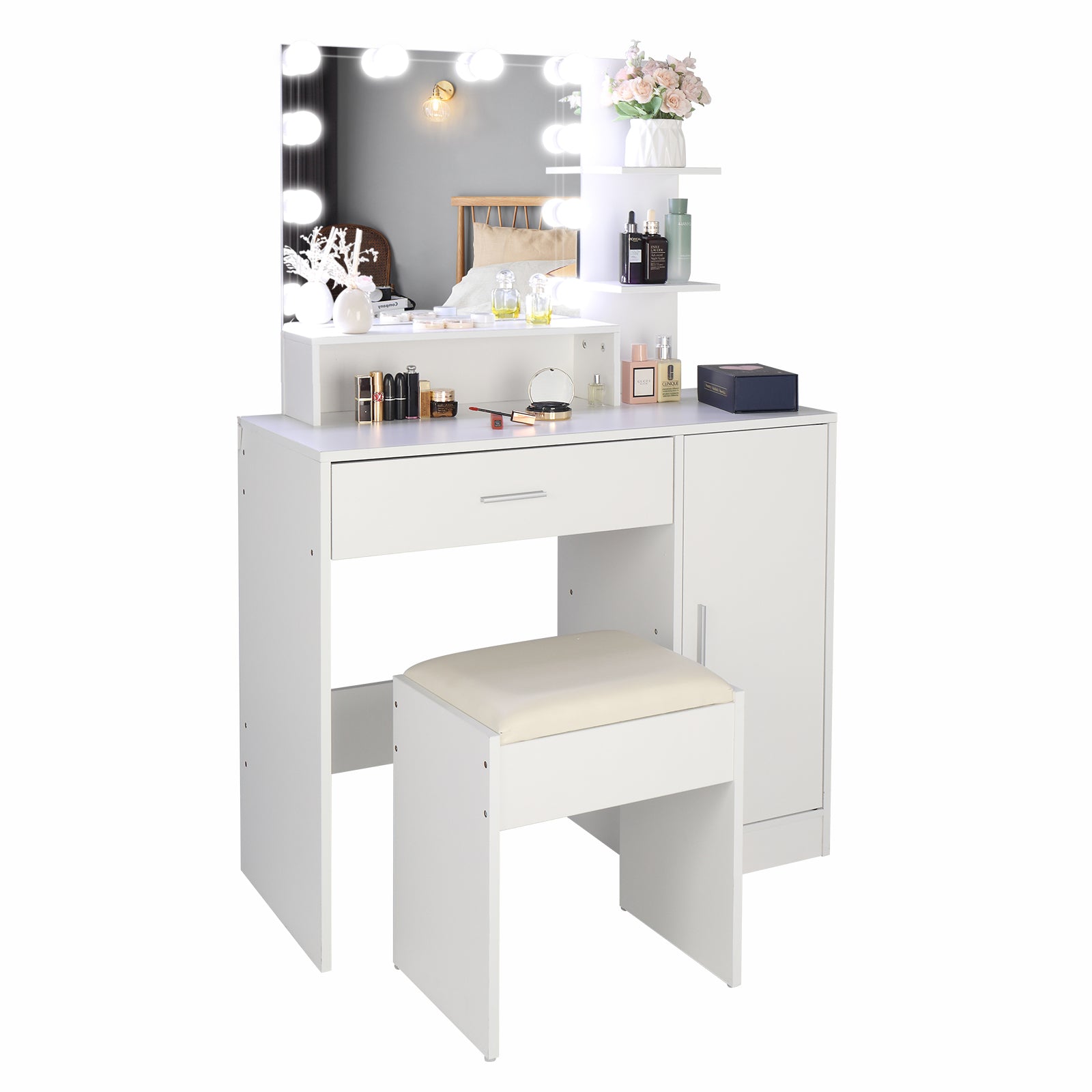 HAOYYE Large Vanity Set with LED Bulbs Makeup Table, Cushioned Stool, Multiple Storage Shelves, Drawer and Cabinet, Elegant Dressing Table Desk for Bedroom and Personal Use