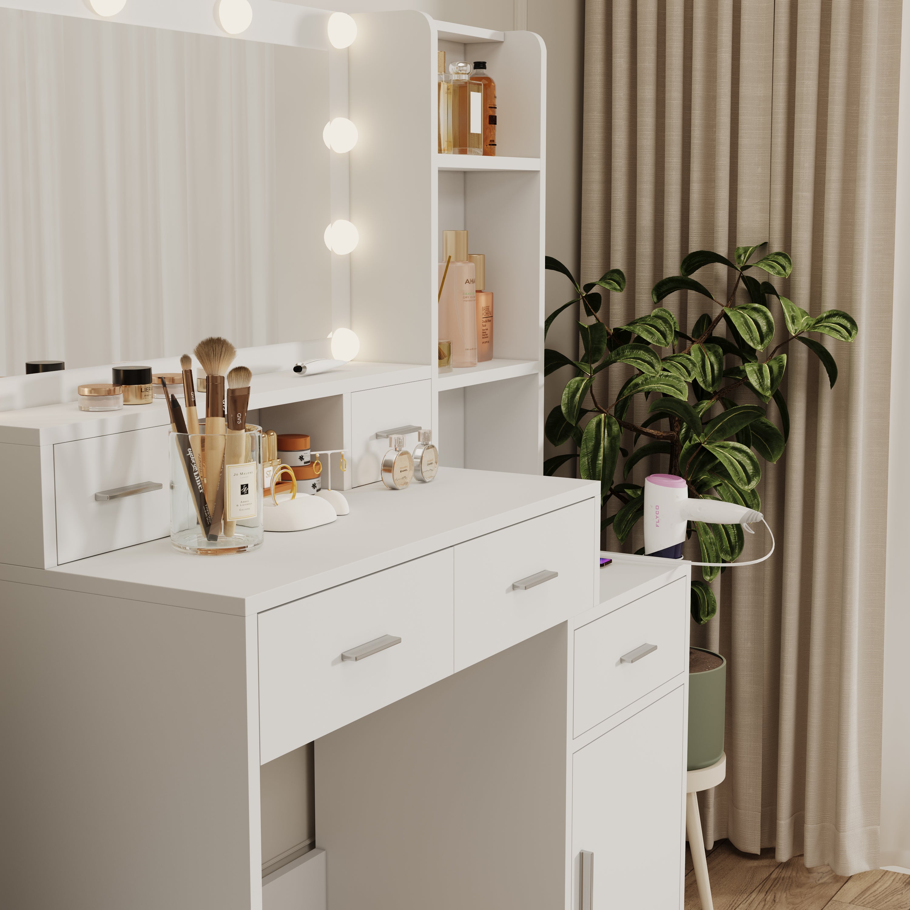 HAOYYE White dressing table with LED 3-color illuminated mirror and power outlet, dressing table with drawers, storage box and shelf, dressing table with bedroom cushioned stool