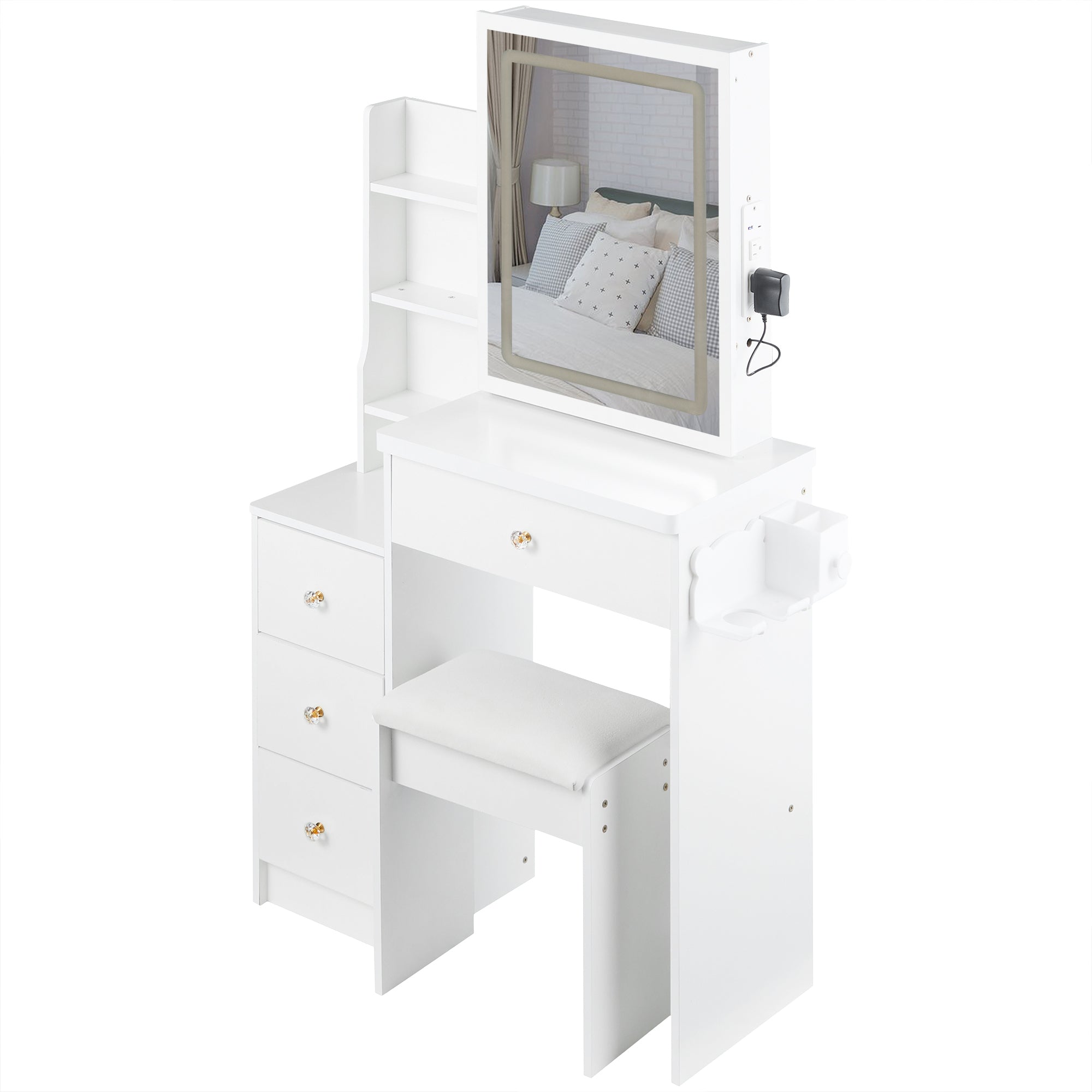 HAOYYE Small Size Left Bedside Cabinet Vanity Table + Cushioned Stool, 2 AC+2 USB Power Station, Hair dryer bracket, Extra Large Touch Control Sliding LED Mirror, Tri-color Switching, EPA,GCC,UL Certificate