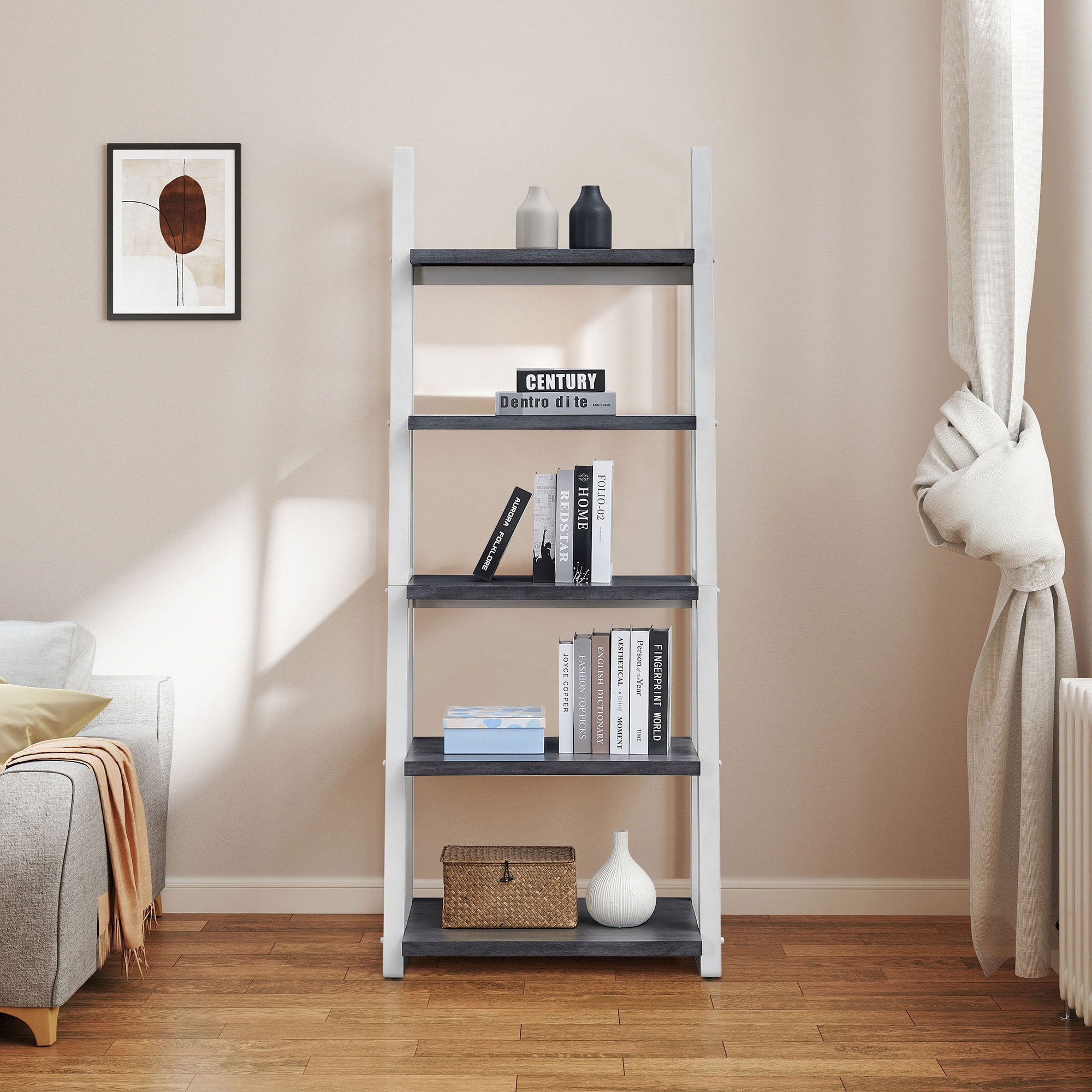 HAOYYE 5-Tier Shelves,Bookshelf, Storage Rack, Bookcase with Rubber Wood Frame, Ladder Shelf for Living Room, Home Office, Kitchen, Bedroom, Apartment Sturdy Space-Saving Heavy Duty Modern Design Adults