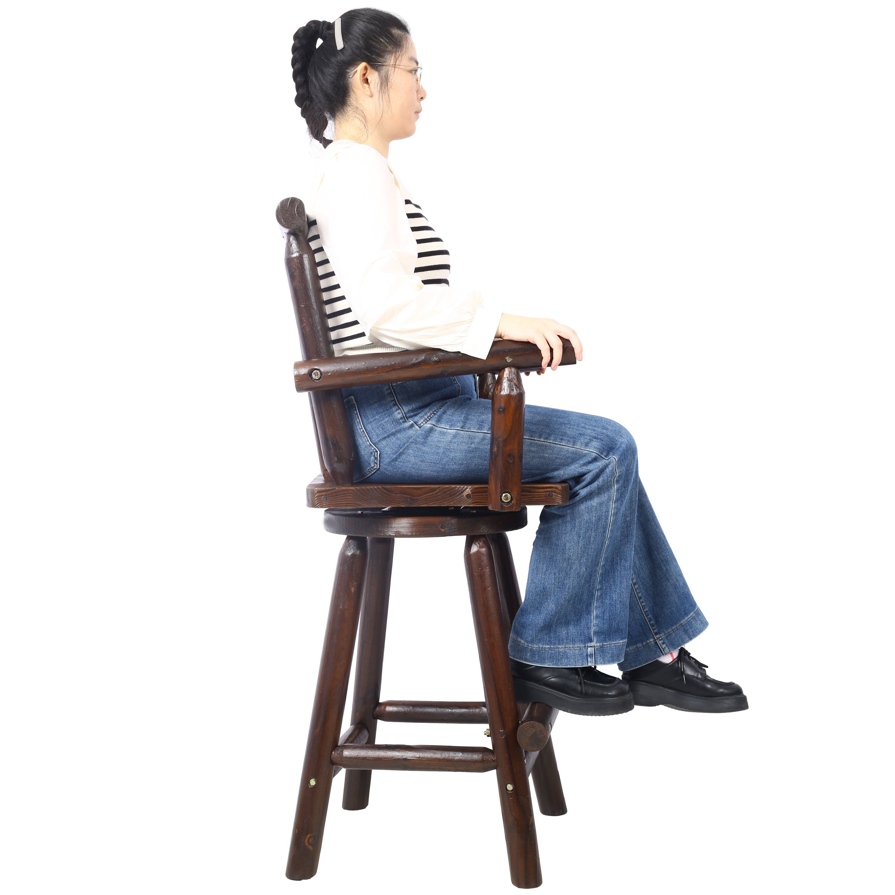 HAOYYE Rustic Bar Stool - Fir Wood Construction, Chair with Footrest,Wide Armrest, Rustic Kitchen Stool, Tall Bistro Chair for Dining Room, Restaurant, Pub, 4-Foot,brown color Sturdy Space-Saving Heavy Duty