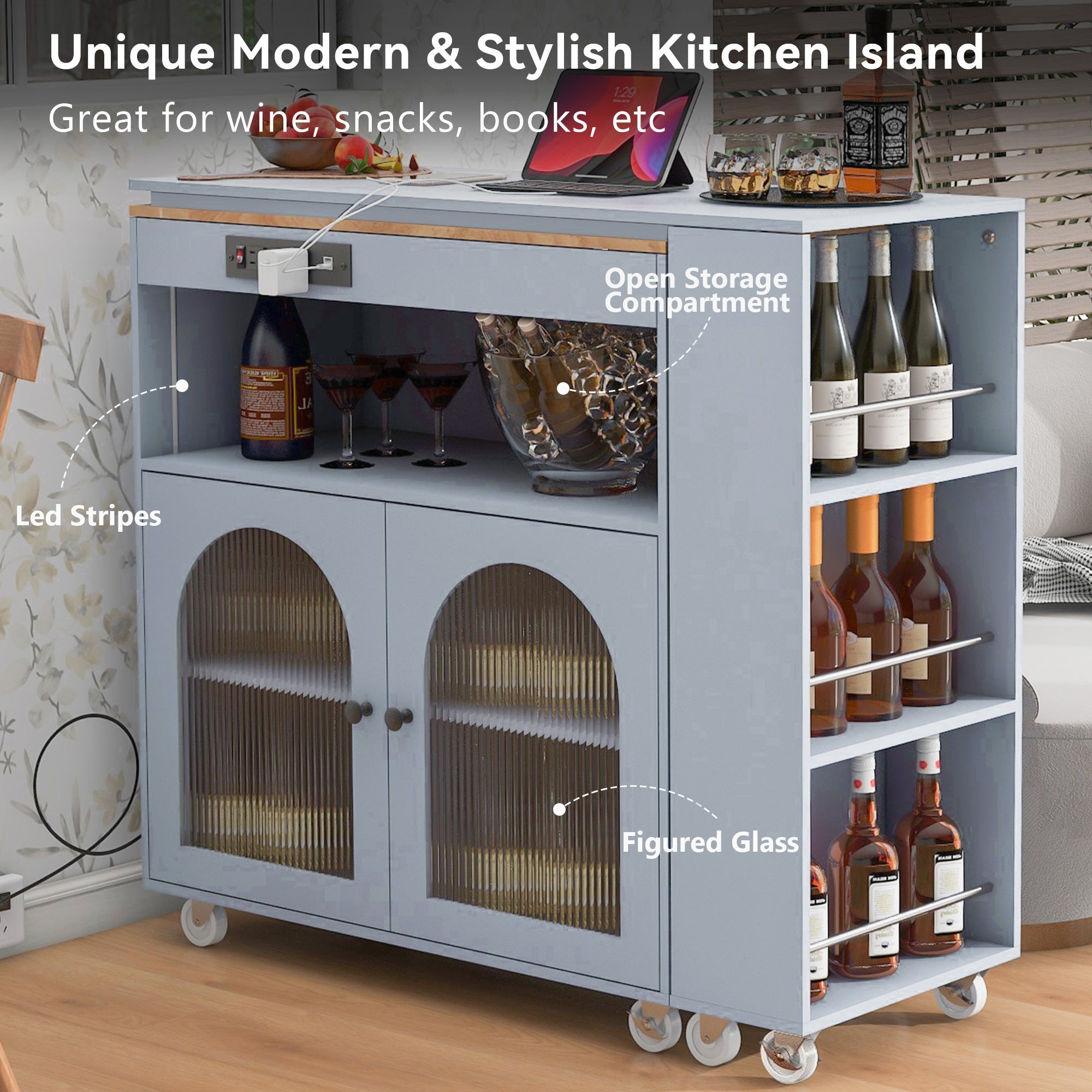 HAOYYE K&K Rolling Kitchen Island With Extended Table, Kitchen Island on Wheels with LED Lights,Power Outlets and 2 Fluted Glass Doors, Kitchen Island with a Storage Compartment and Side 3 Open Shelves, Grey