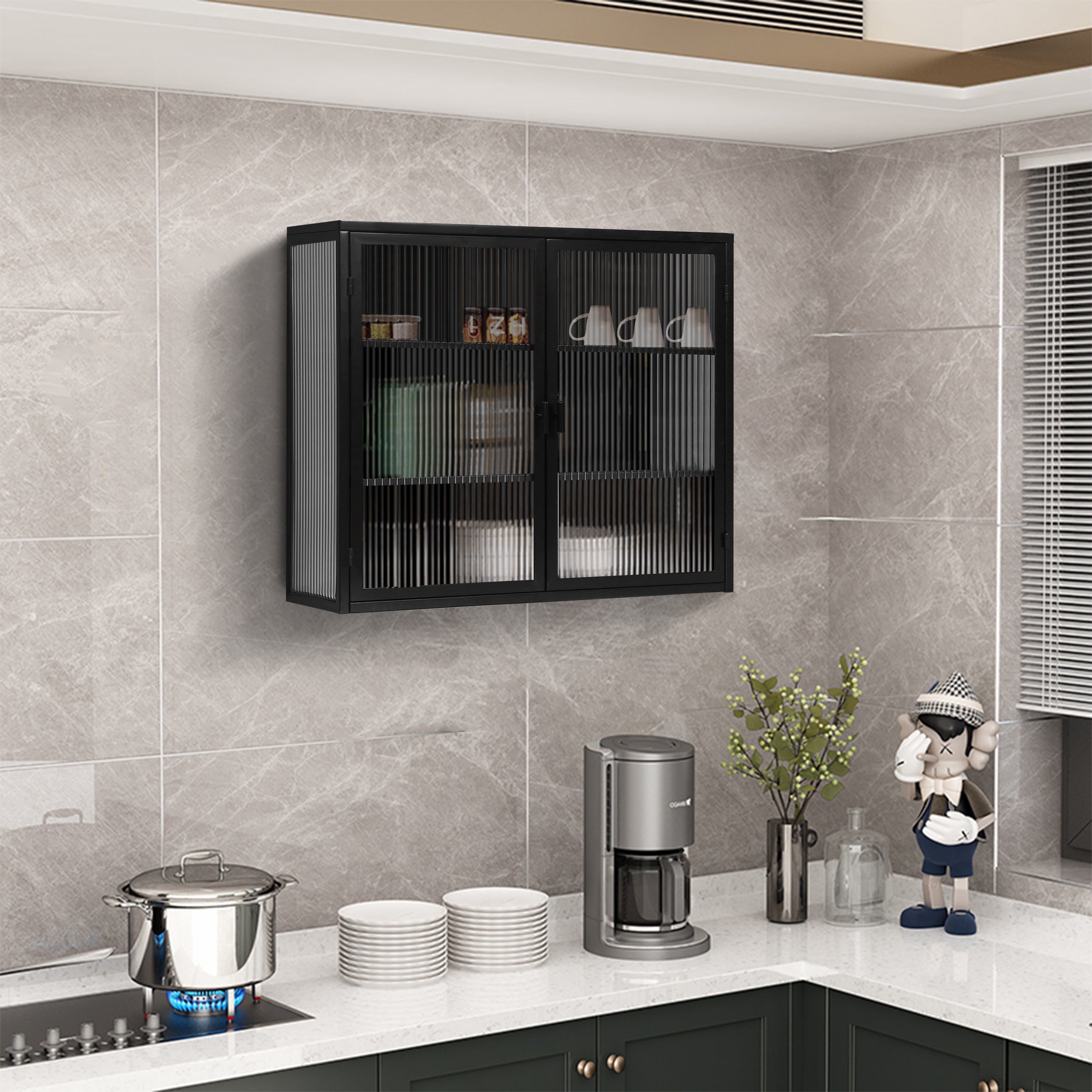 HAOYYE 27.56"Glass Doors Modern Two-door Wall Cabinet with Featuring Three-tier Storage for Entryway Living Room Bathroom Dining Room,Black Sturdy Space-Saving Heavy Duty Modern Design Adults Dorm Room