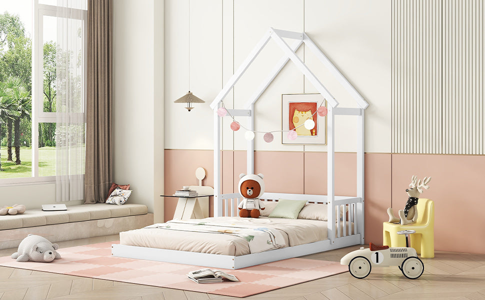 HAOYYE Full Roof-framed Headboard Floor Bed with Headboard Guardrails, without Slats White Sturdy Space-Saving Heavy Duty Modern Design Adults Dorm Room Easy Assembly Bedroom Furniture