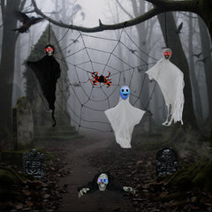HAOYYE Outdoor Halloween Decorations 8-Piece Set, Hanging Ghosts, Light-Up Eyes Gravestone, Scary Swinging Ghost and Cobwebs, Spooky Yard, Patio, and Lawn Decor for Halloween Party and Garden