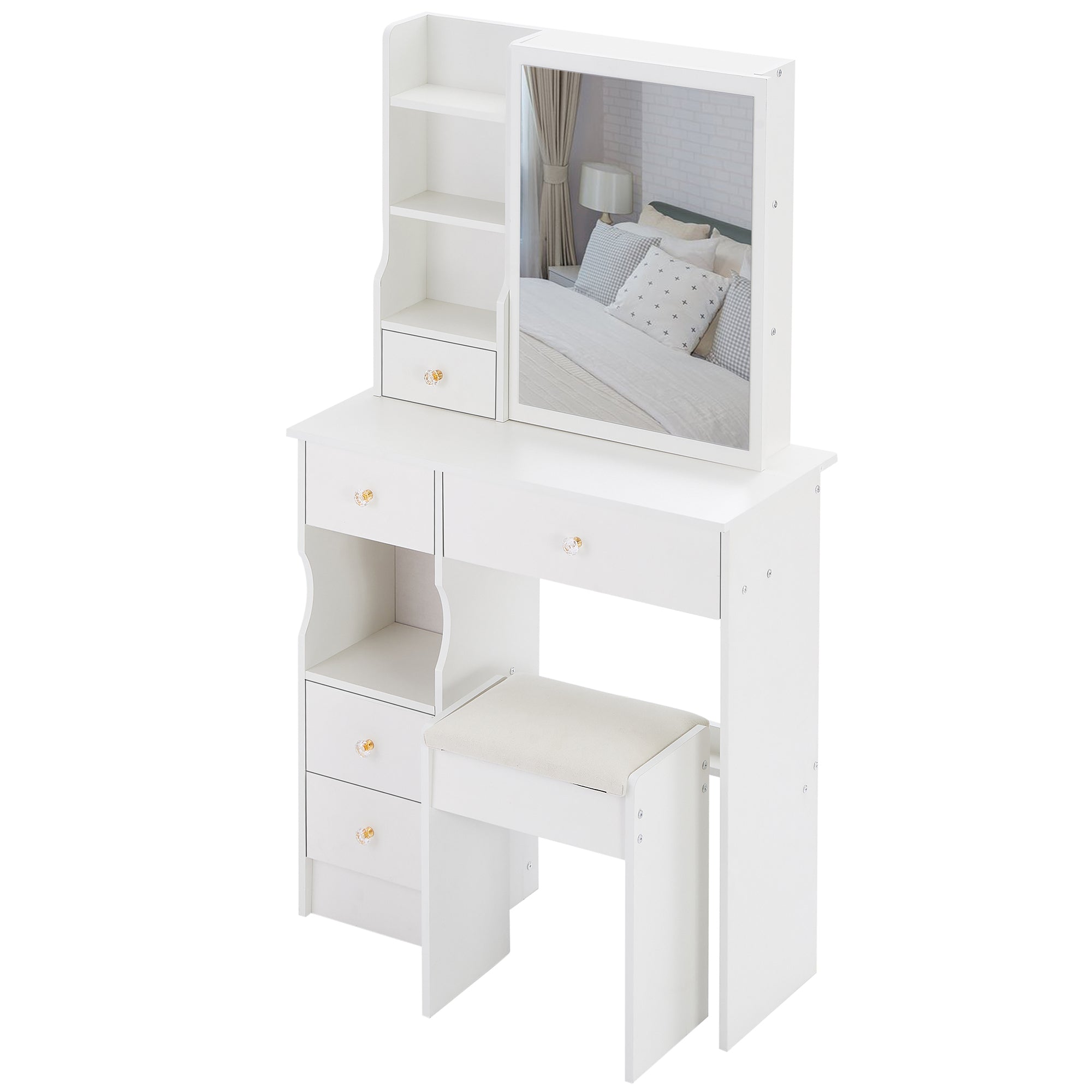 HAOYYE Small Size Left Drawer Desktop Vanity Table + Cushioned Stool, Extra Large Sliding Mirror, Multi Layer, High Capacity Storage Fashionable Dresser, Suitable for Small Space, EPA,GCC,UL Certificate