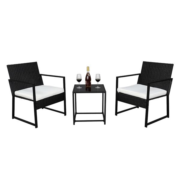 HAOYYE Outdoor Wicker Patio Furniture Set Black Rattan 3 Piece Conversation Set with 2 Exposed Frame Flat Chairs and 1 Coffee Table Durable PE Woven Bistro Set with Iron Frame for Balcony Garden Lounge