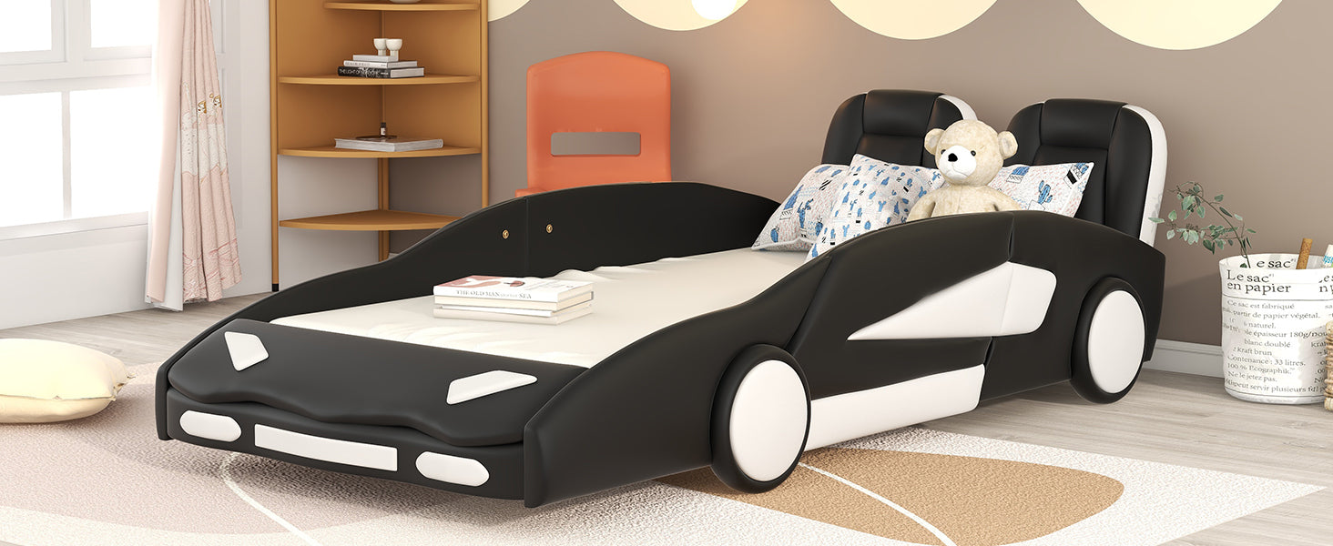 HAOYYE Twin Size Race Car-Shaped Platform Bed with Wheels, Black Sturdy Space-Saving Heavy Duty Modern Design Adults Dorm Room Easy Assembly Bedroom Furniture