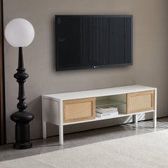 HAOYYE Rattan TV Cabinet with Adjustable Shelf and Variable Color Light Strip, Double Sliding Doors for Storage, Metal Legs, Durable and Space-Saving, Modern TV Console for Living Room, White