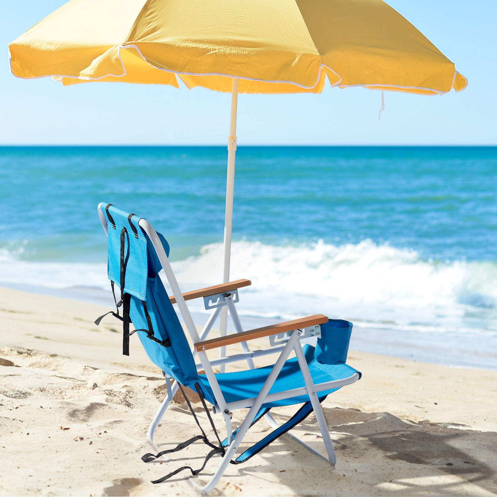 HAOYYE Folding Beach Chair Set of 2 for Adults, Portable Lightweight Backpack Camping Chairs with 4 Adjustable Recline Positions, Comfortable Headrest, Cup Holder, Wooden Armrests, Easy to Carry for Outdoor Beach, Picnic, Pool, or Camping