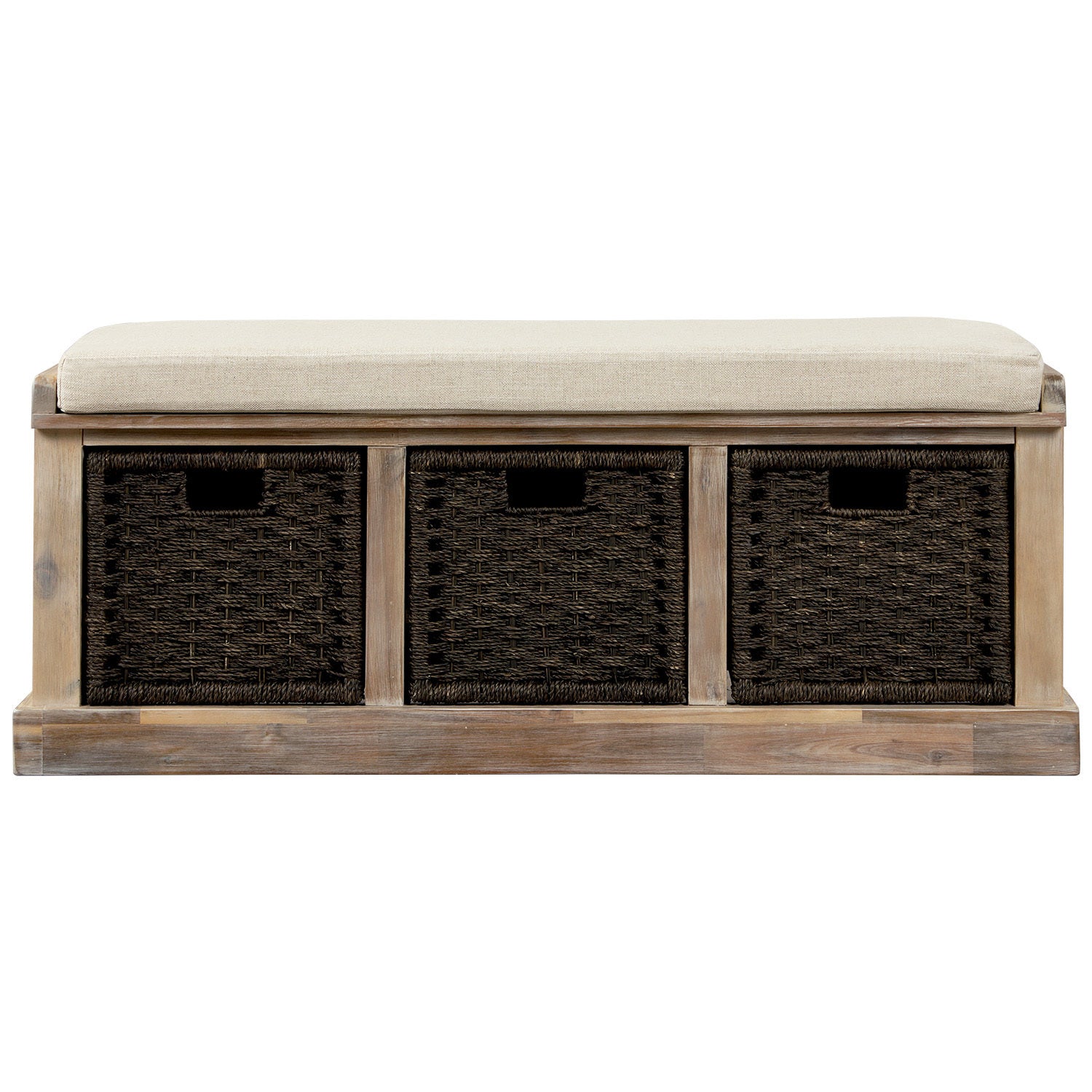 HAOYYE Rustic Storage Bench with 3 Removable Classic Rattan Basket , Entryway Bench with Removable Cushion (White Washed) Sturdy Space-Saving Heavy Duty Modern Design Easy Assembly Durable Stylish